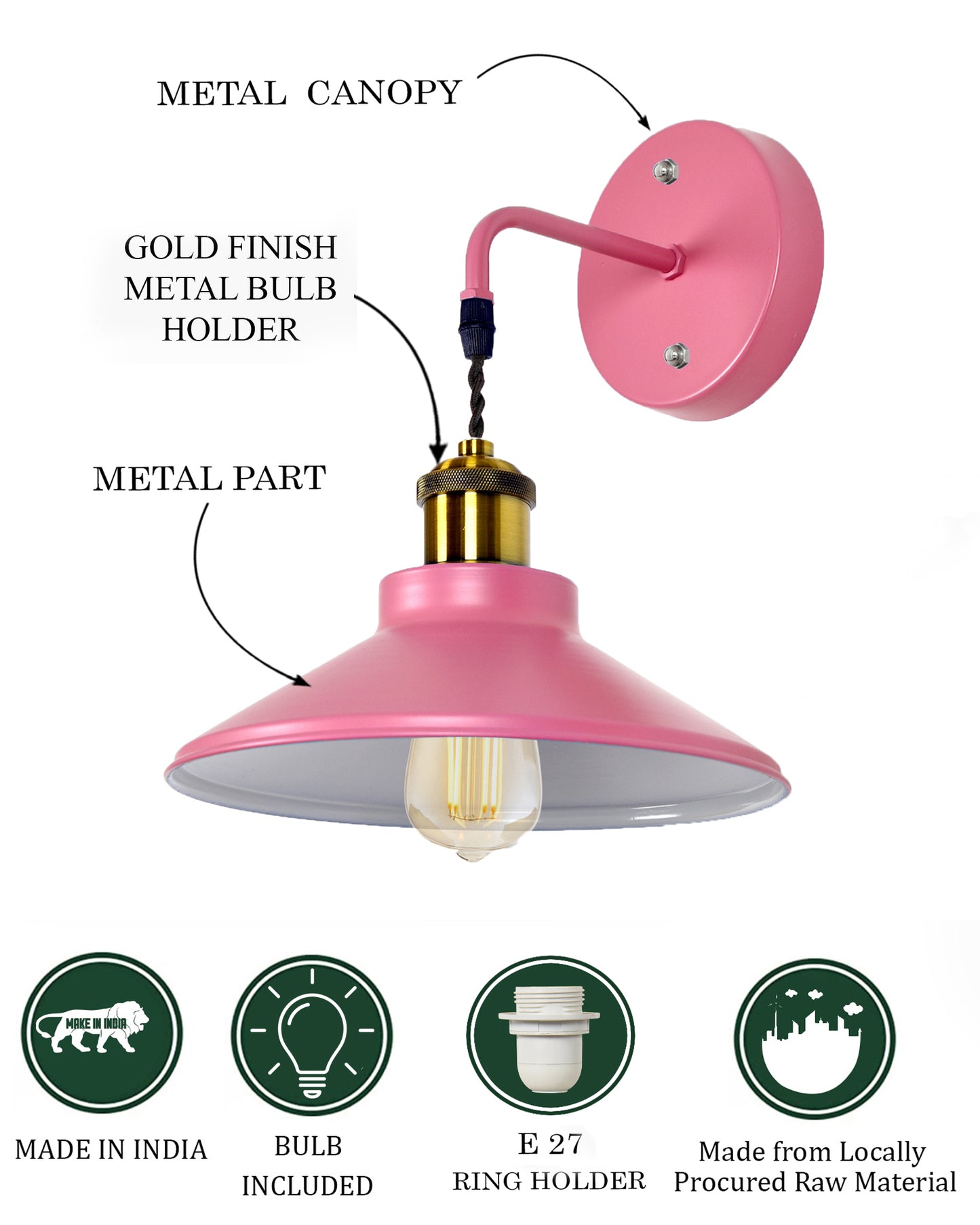 Modern Industrial Wall Sconce, Metal Cone Wall Light Fixture with Golden Holder, 1-Light Painted Wall Lamp for Bedroom, Living Room, Bathroom, Pink