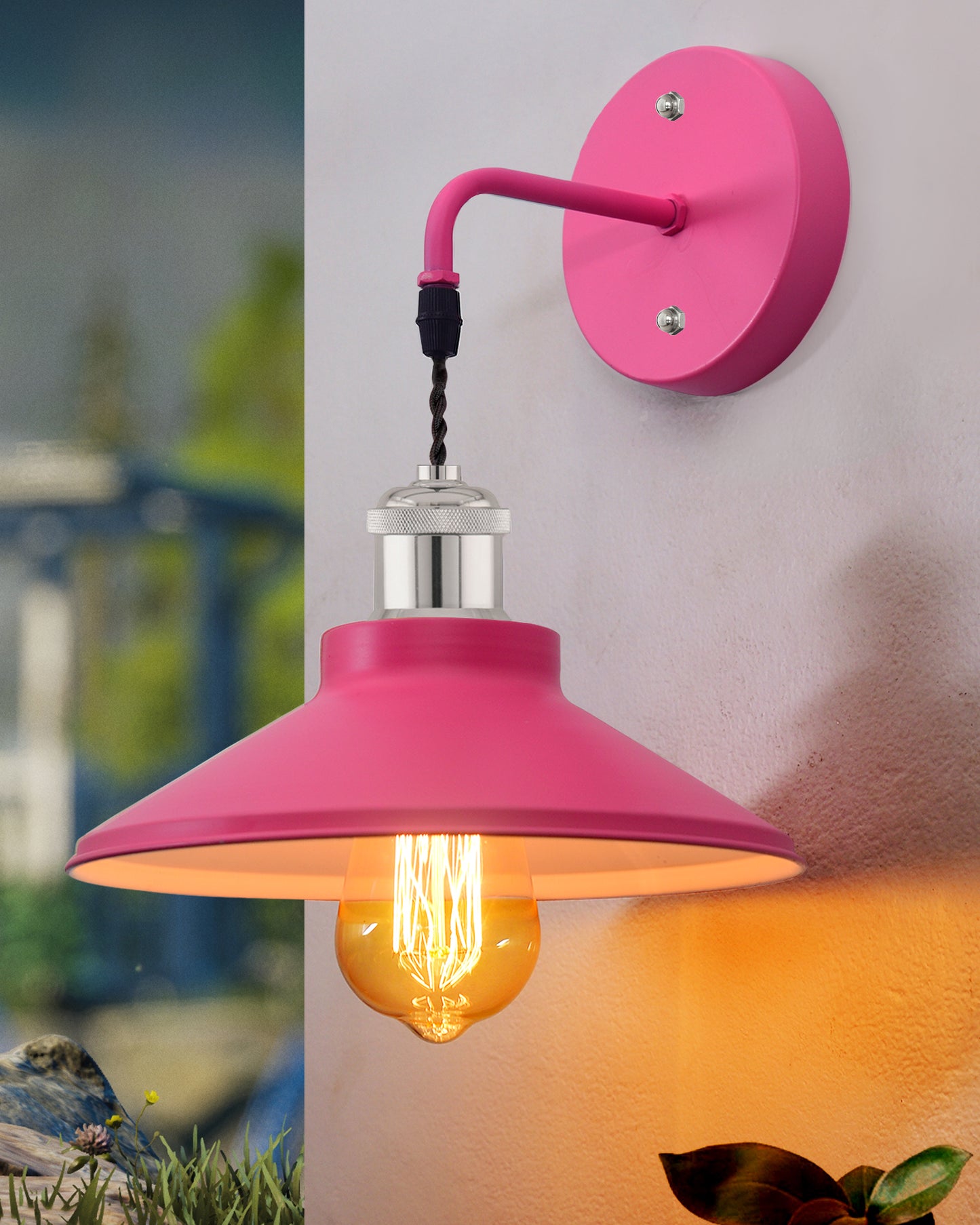 Modern Industrial Wall Sconce, Metal Cone Wall Light Fixture with Golden Holder, 1-Light Painted Wall Lamp for Bedroom, Living Room, Bathroom, Pink