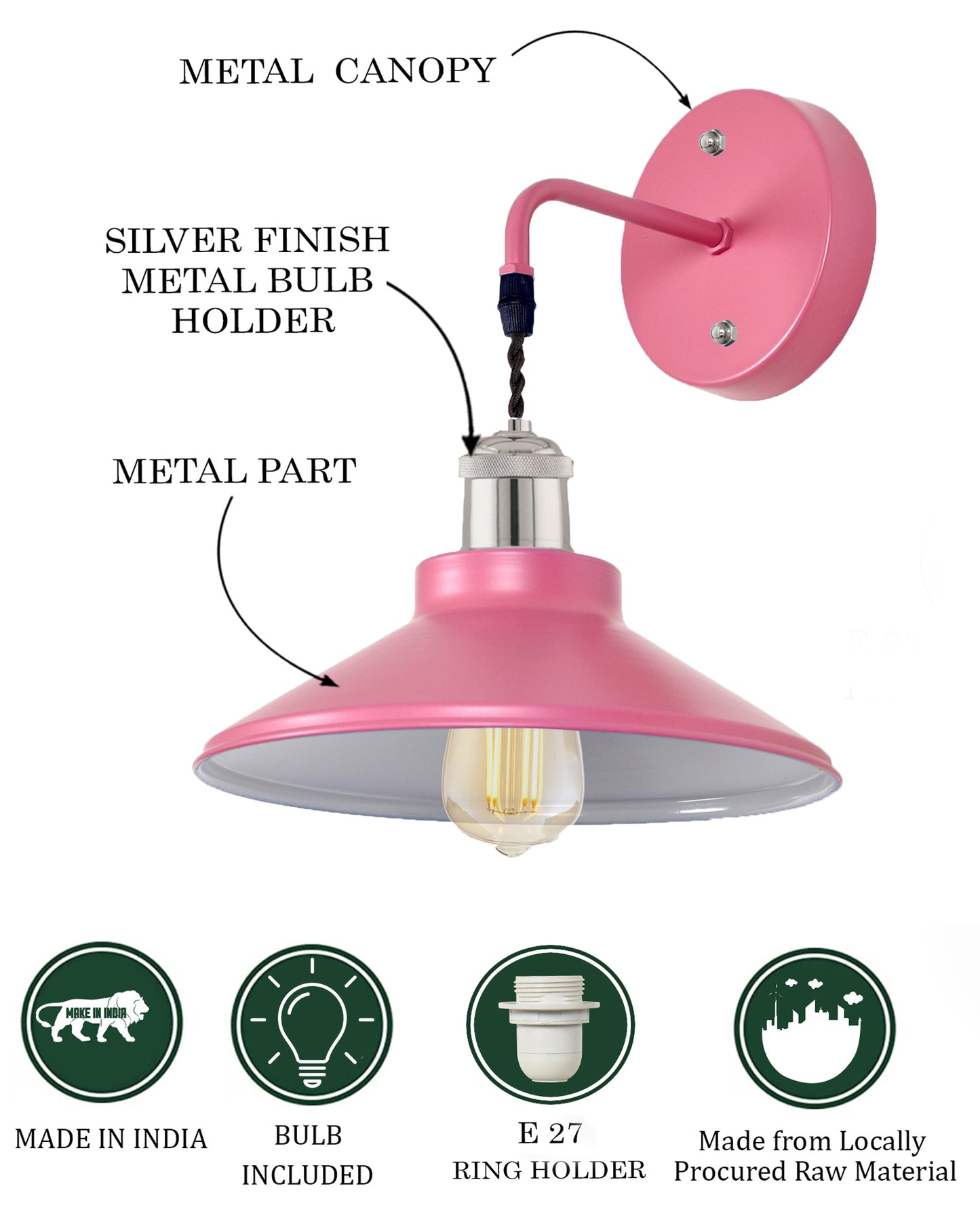 Modern Industrial Wall Sconce, Metal Cone Wall Light Fixture with Golden Holder, 1-Light Painted Wall Lamp for Bedroom, Living Room, Bathroom, Pink