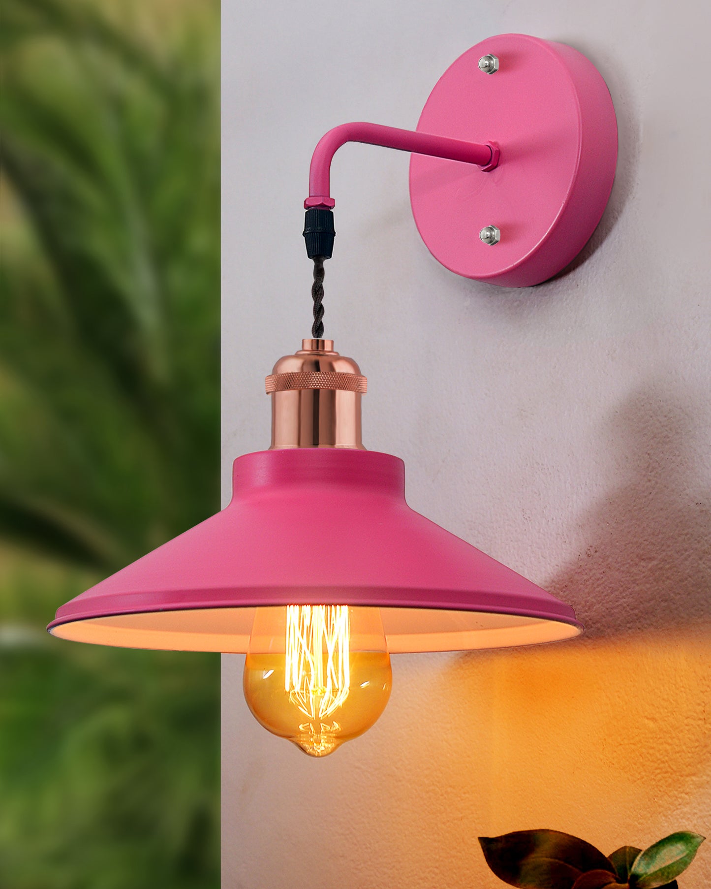 Modern Industrial Wall Sconce, Metal Cone Wall Light Fixture with Golden Holder, 1-Light Painted Wall Lamp for Bedroom, Living Room, Bathroom, Pink