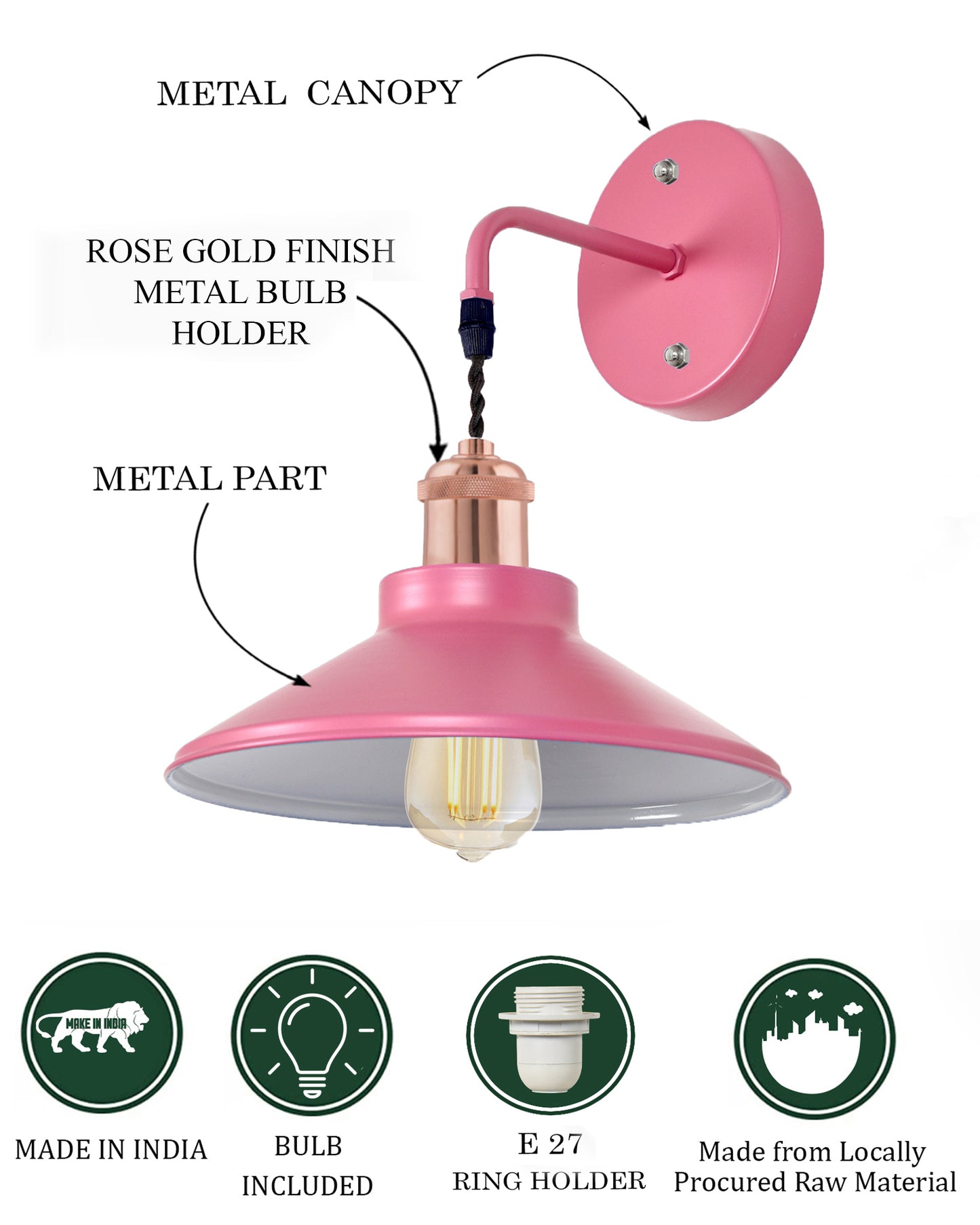 Modern Industrial Wall Sconce, Metal Cone Wall Light Fixture with Golden Holder, 1-Light Painted Wall Lamp for Bedroom, Living Room, Bathroom, Pink