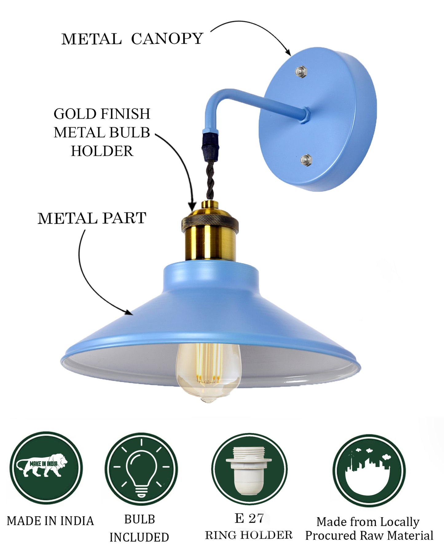 Modern Industrial Wall Sconce, Metal Cone Wall Light Fixture with Golden Holder, 1-Light Painted Wall Lamp for Bedroom, Living Room, Bathroom, Pink
