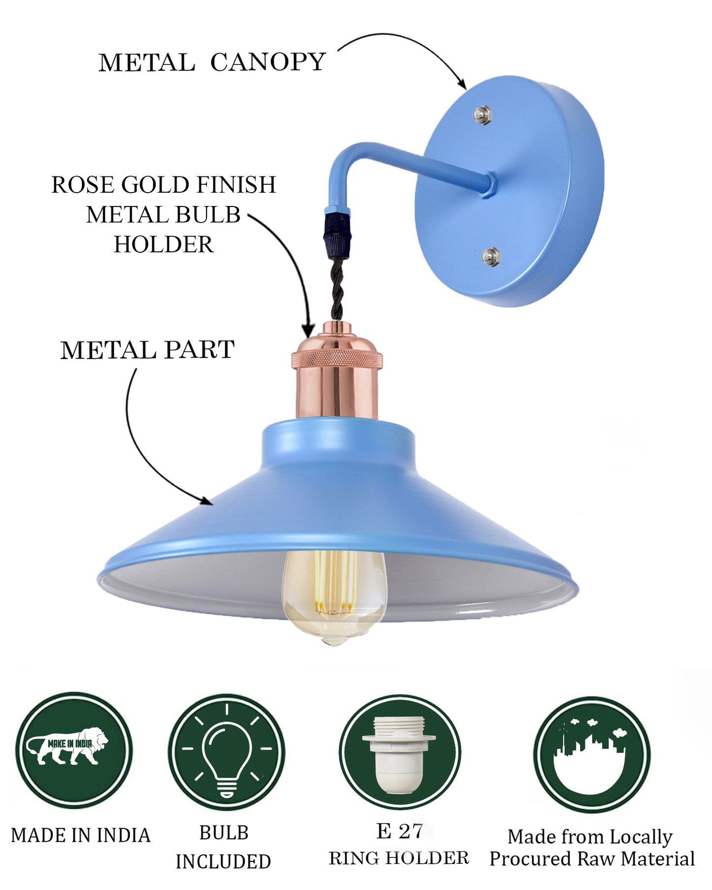 Modern Industrial Wall Sconce, Metal Cone Wall Light Fixture with Golden Holder, 1-Light Painted Wall Lamp for Bedroom, Living Room, Bathroom, Pink