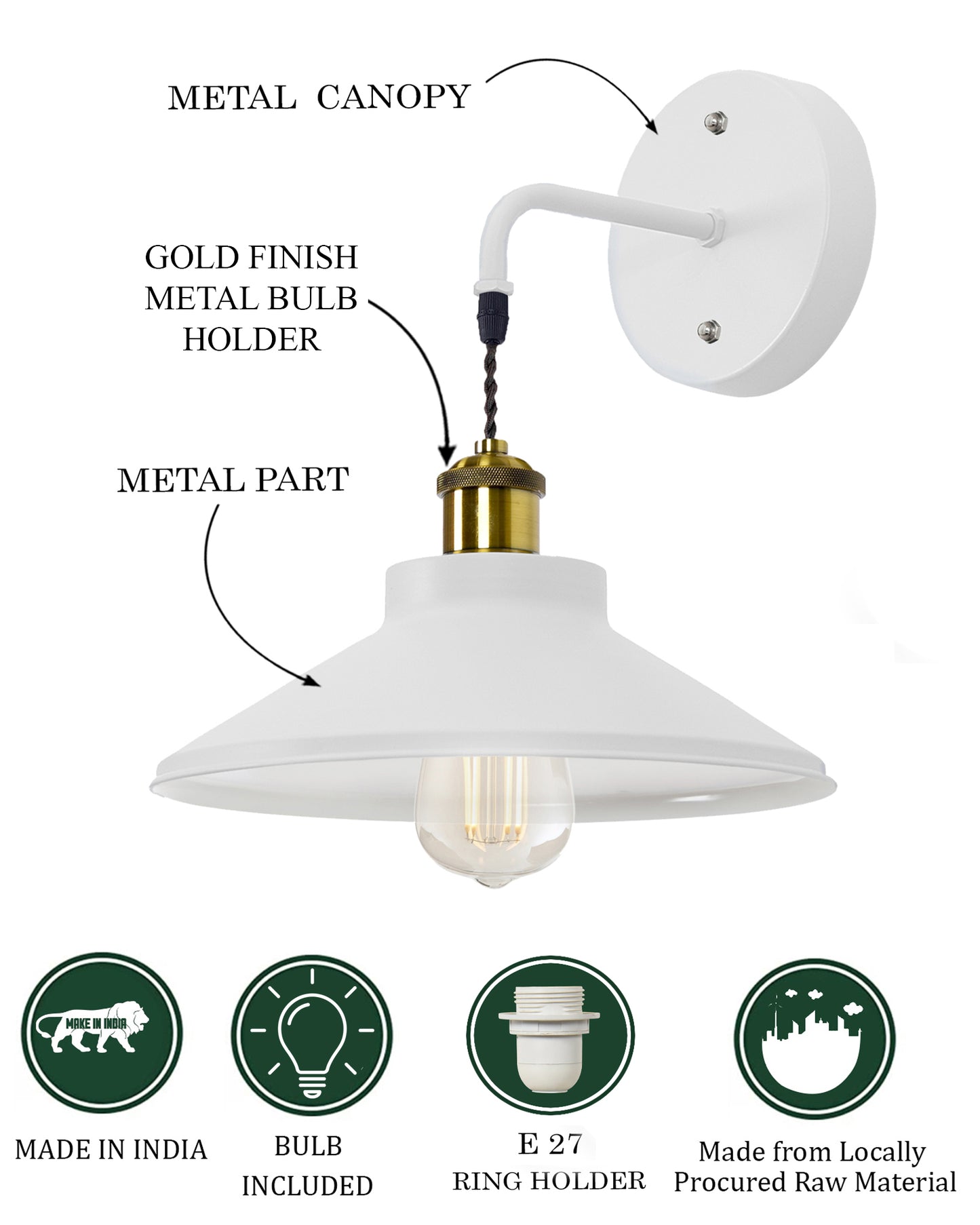 Modern Industrial Wall Sconce, Metal Cone Wall Light Fixture with Golden Holder, 1-Light Painted Wall Lamp for Bedroom, Living Room, Bathroom, Pink