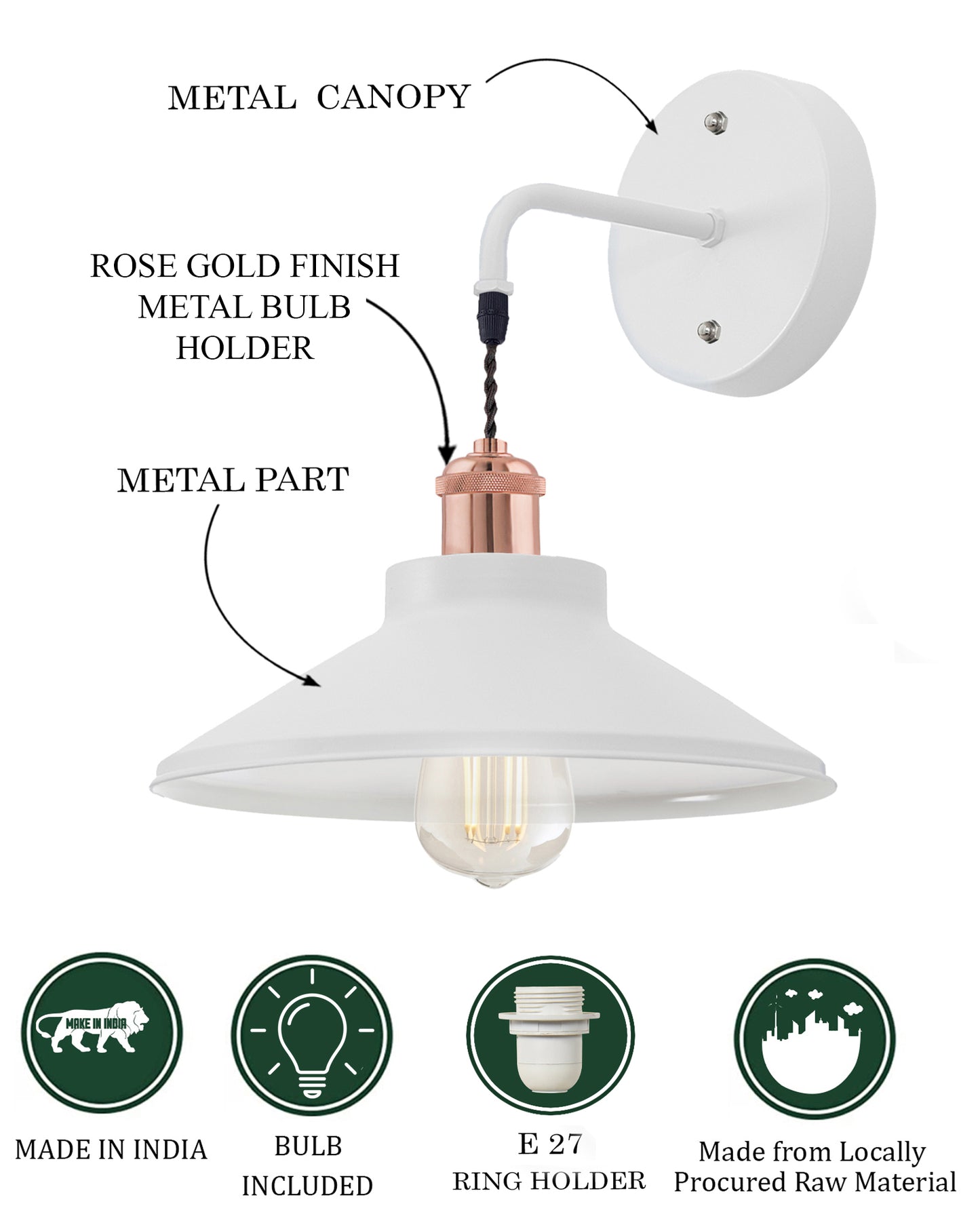 Modern Industrial Wall Sconce, Metal Cone Wall Light Fixture with Golden Holder, 1-Light Painted Wall Lamp for Bedroom, Living Room, Bathroom, Pink