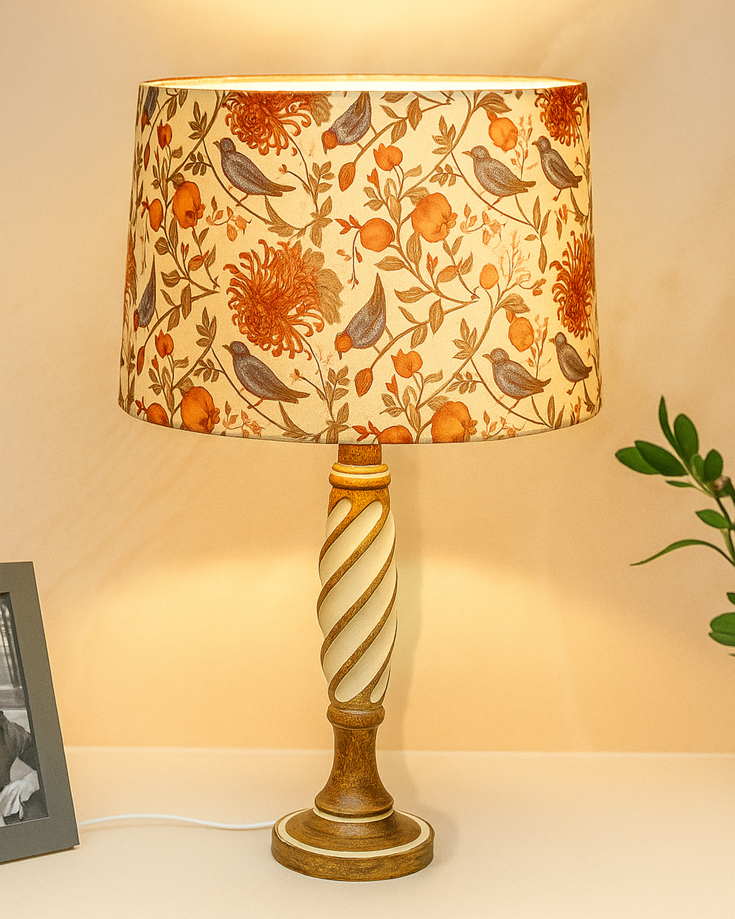 Antique White Twister Wood Table lamp, Rustic Farmhouse Bedside Light, Khadi Fabric shade