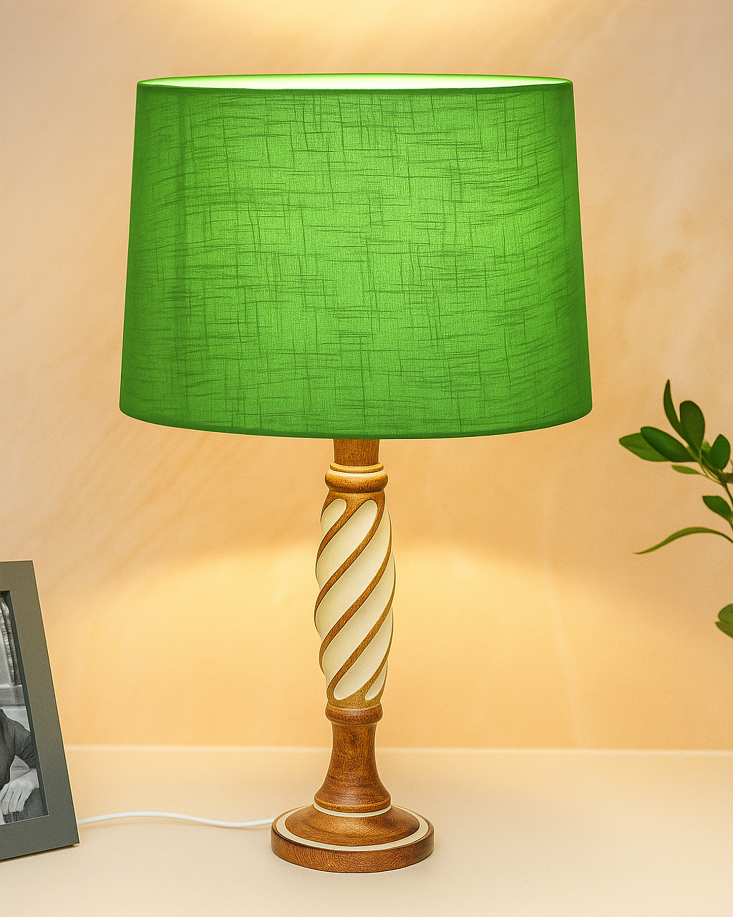Antique White Twister Wood Table lamp, Rustic Farmhouse Bedside Light, Khadi Fabric shade
