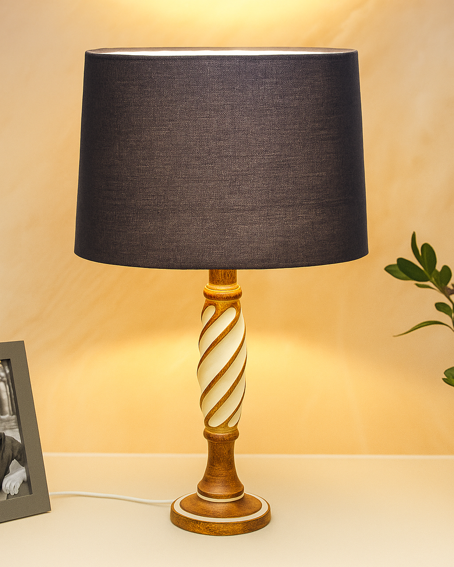 Antique White Twister Wood Table lamp, Rustic Farmhouse Bedside Light, Khadi Fabric shade
