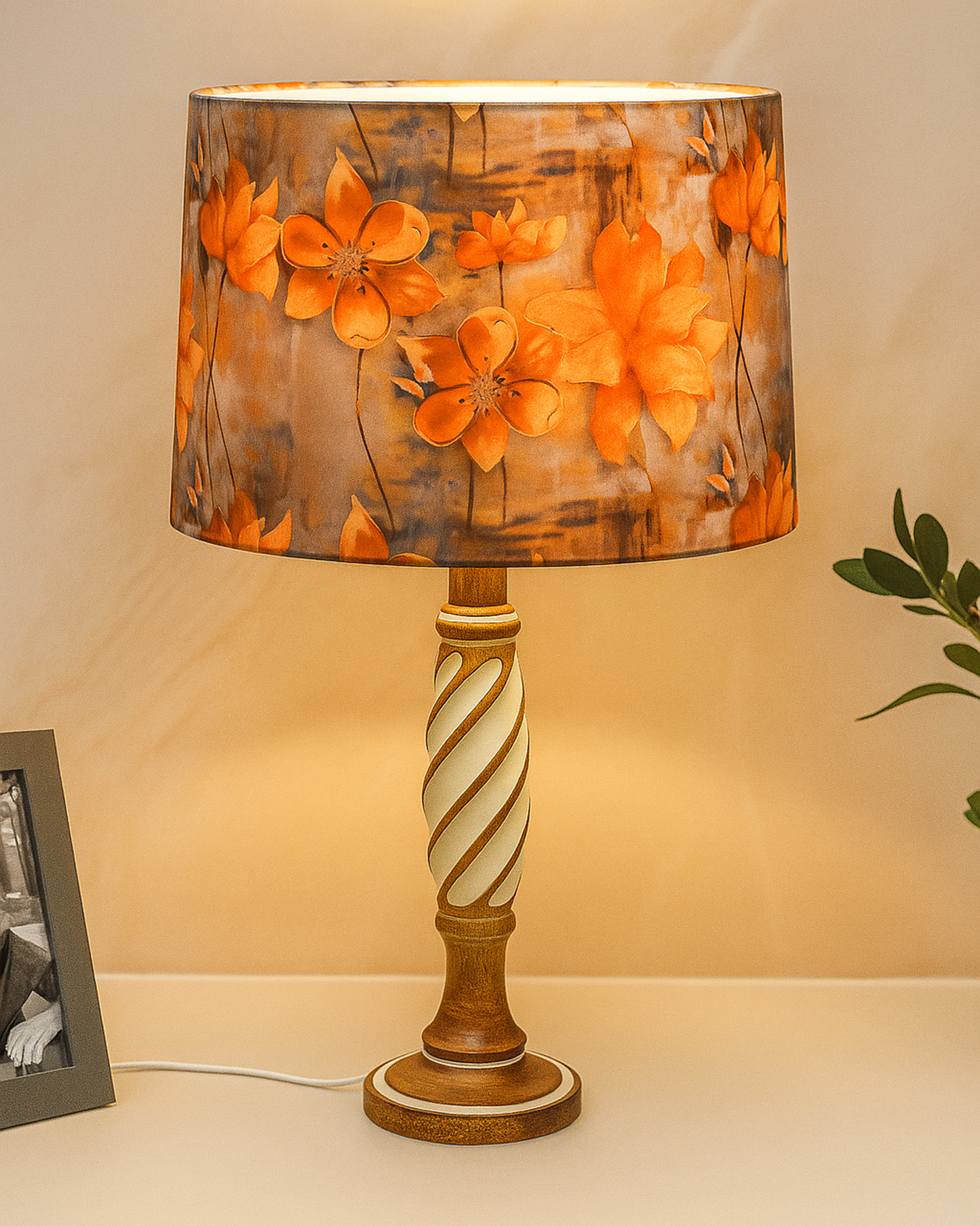 Antique White Twister Wood Table lamp, Rustic Farmhouse Bedside Light, Khadi Fabric shade