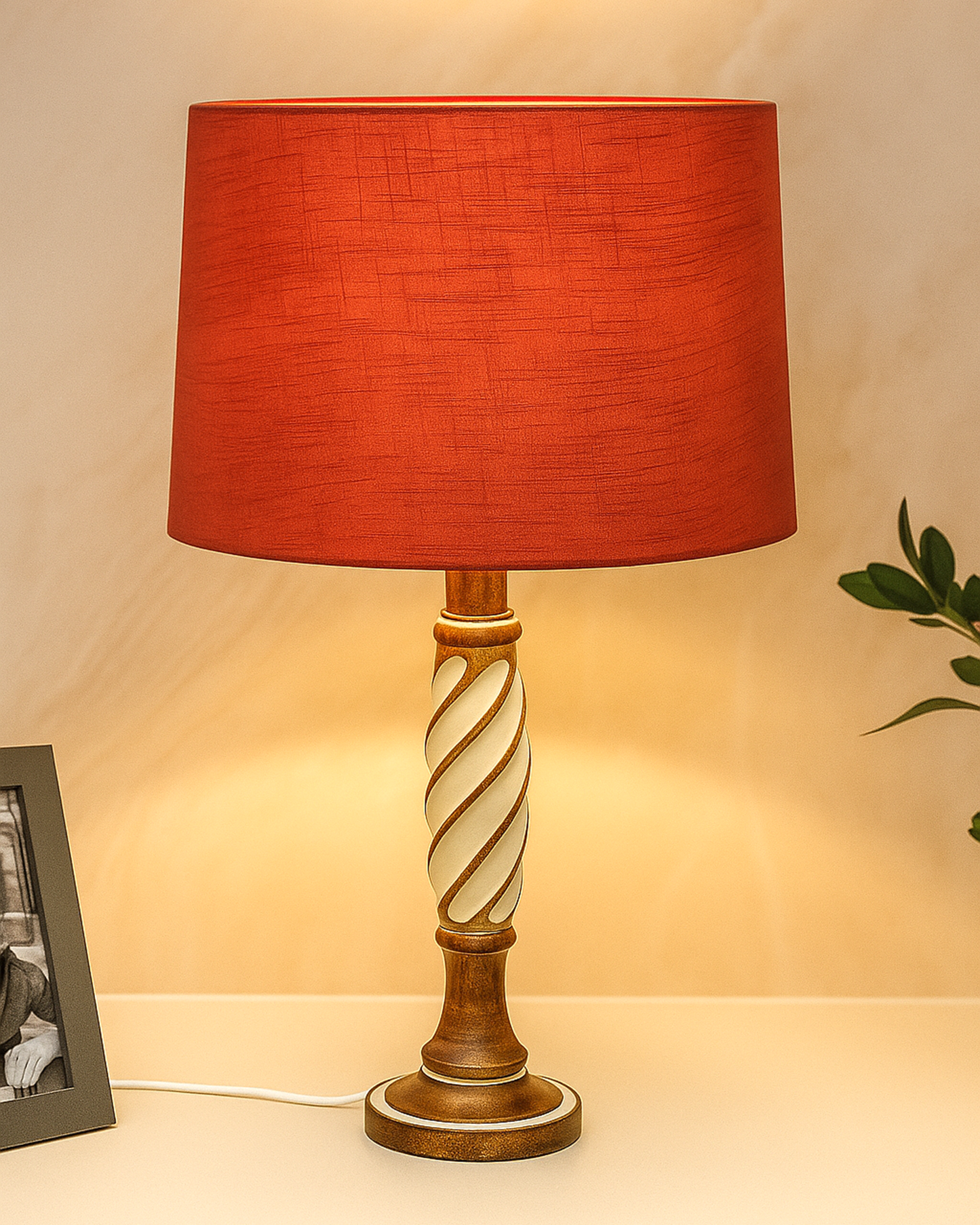 Antique White Twister Wood Table lamp, Rustic Farmhouse Bedside Light, Khadi Fabric shade
