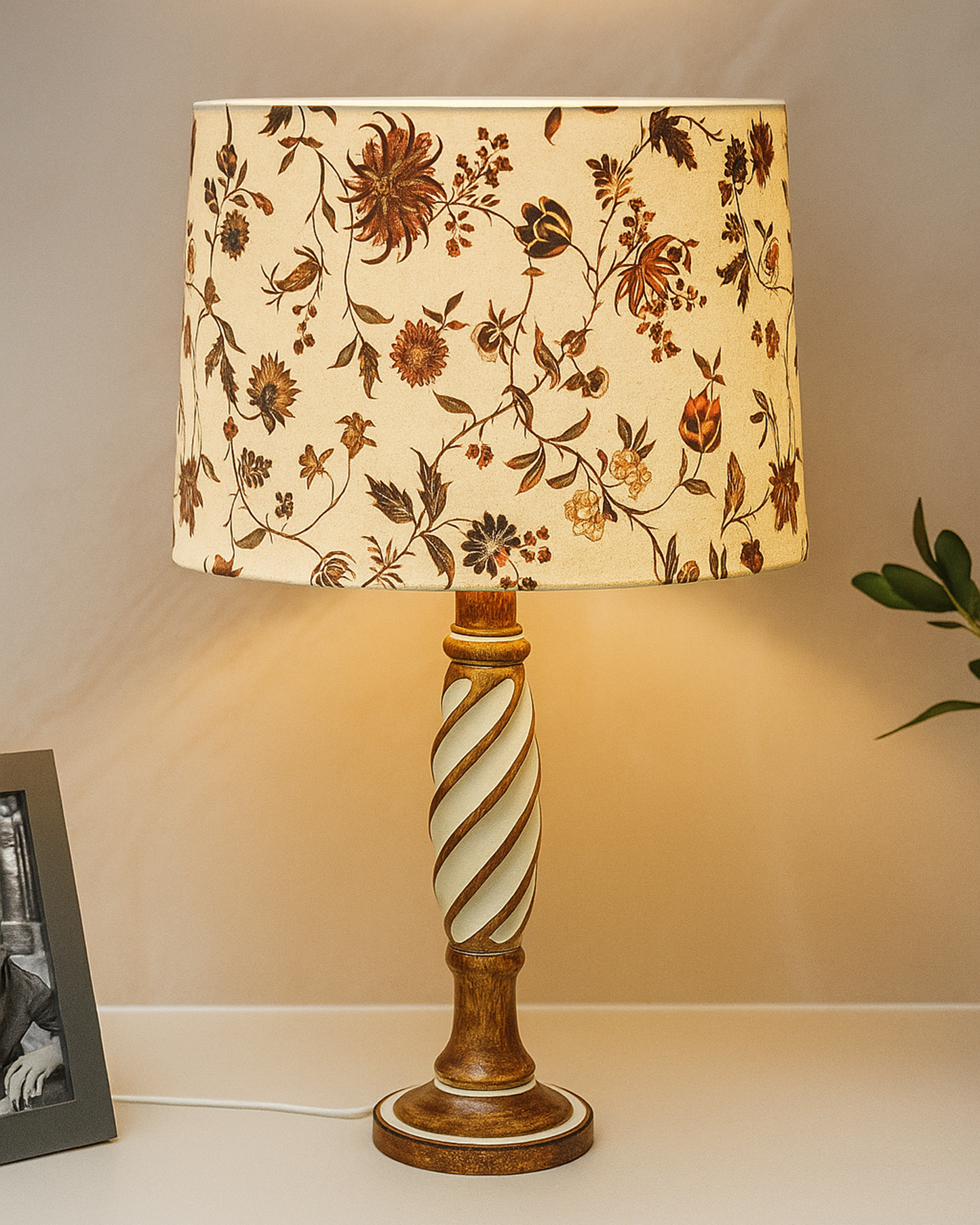 Antique White Twister Wood Table lamp, Rustic Farmhouse Bedside Light, Khadi Fabric shade