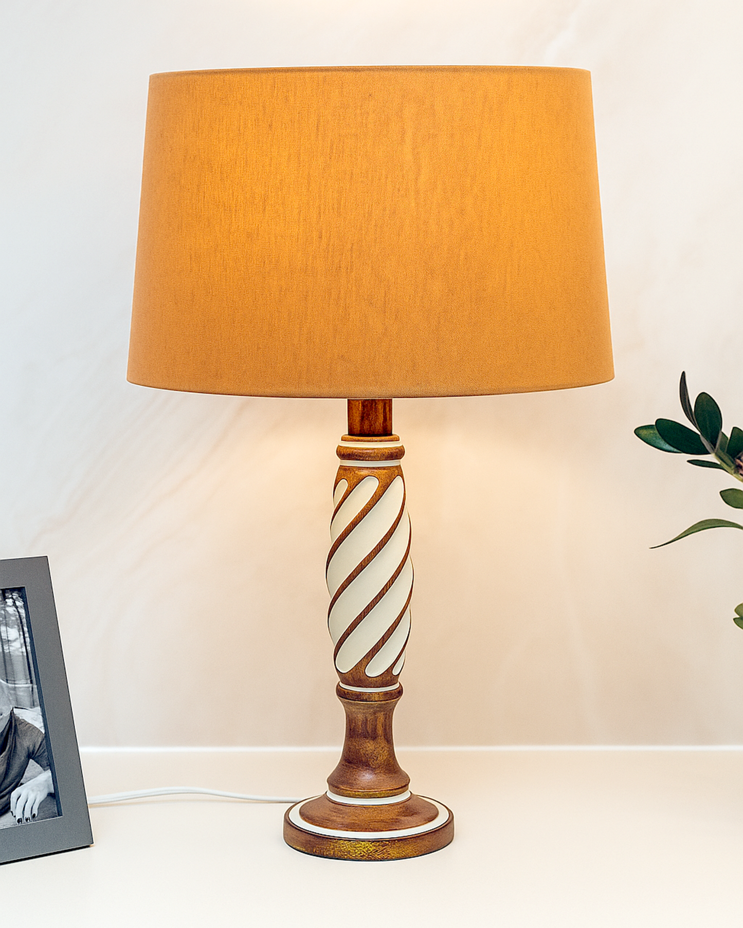 Antique White Twister Wood Table lamp, Rustic Farmhouse Bedside Light, Khadi Fabric shade