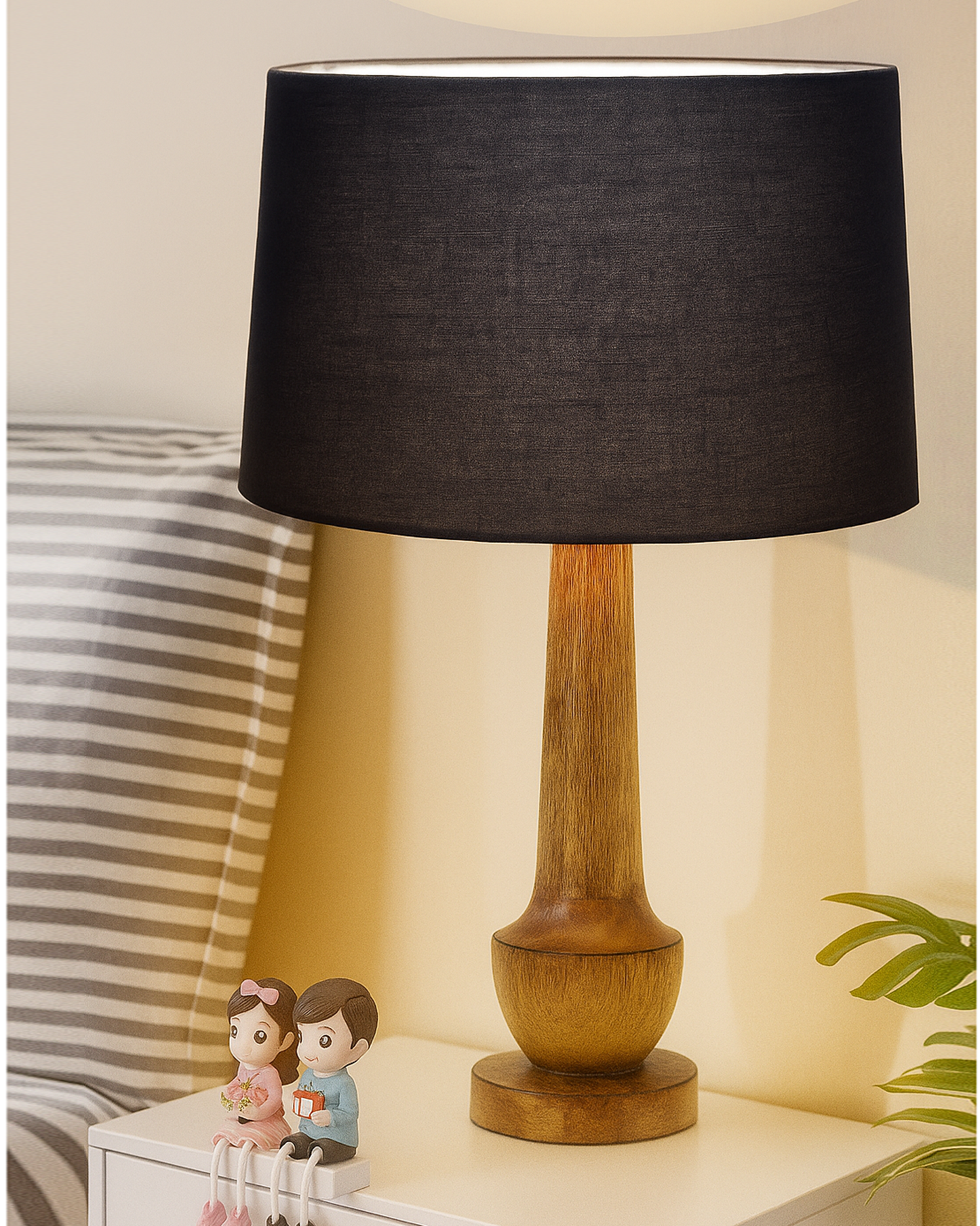 Rustic Turnip Wood Table lamp for home, Bedside farmhouse Living Room Light, Khadi fabric shade