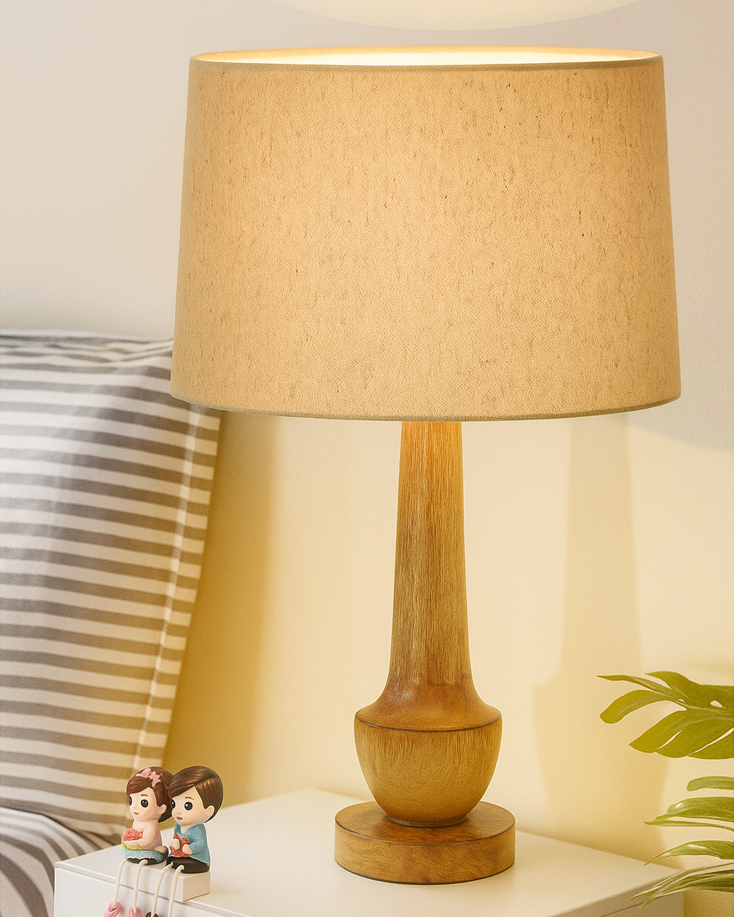 Rustic Turnip Wood Table lamp for home, Bedside farmhouse Living Room Light, Khadi fabric shade