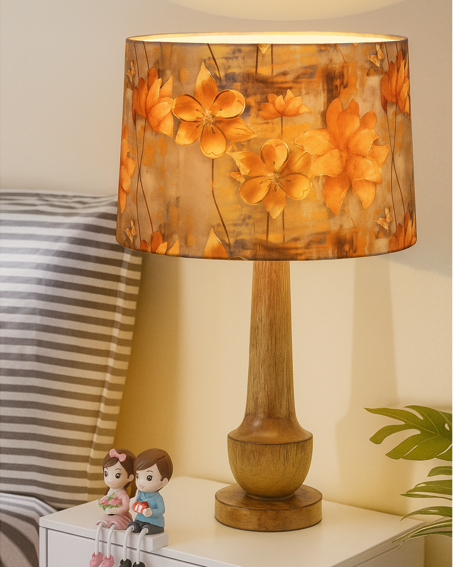 Rustic Turnip Wood Table lamp for home, Bedside farmhouse Living Room Light, Khadi fabric shade