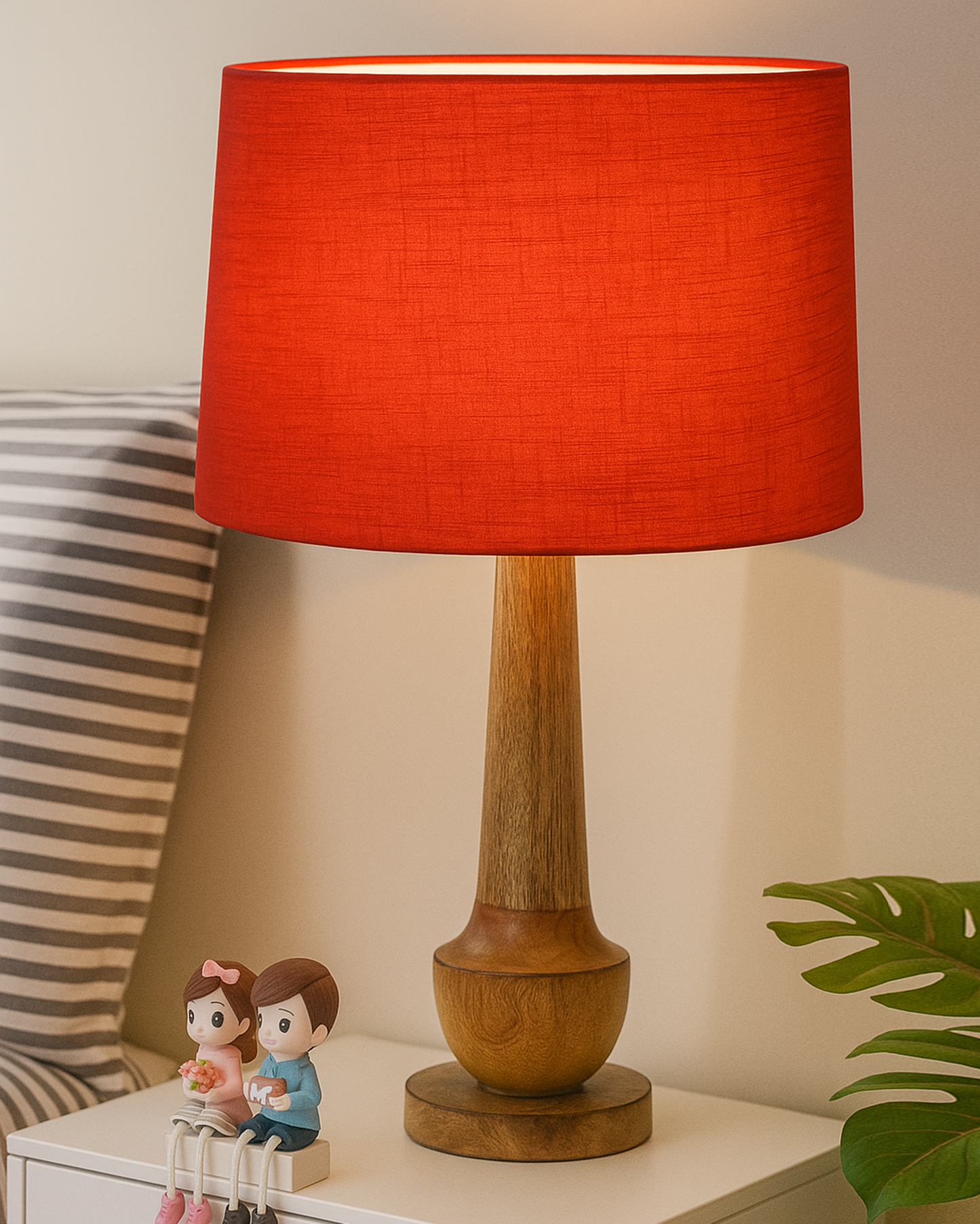 Rustic Turnip Wood Table lamp for home, Bedside farmhouse Living Room Light, Khadi fabric shade