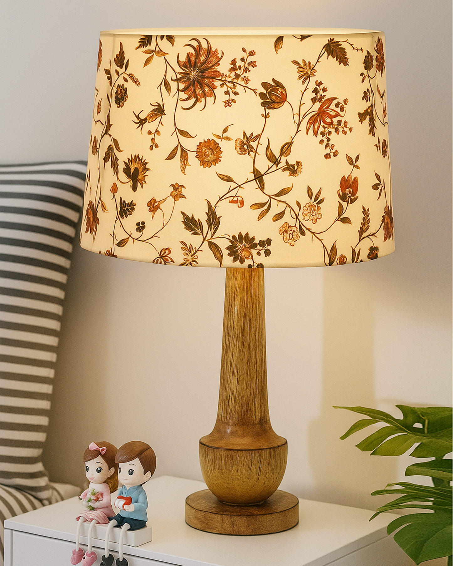 Rustic Turnip Wood Table lamp for home, Bedside farmhouse Living Room Light, Khadi fabric shade