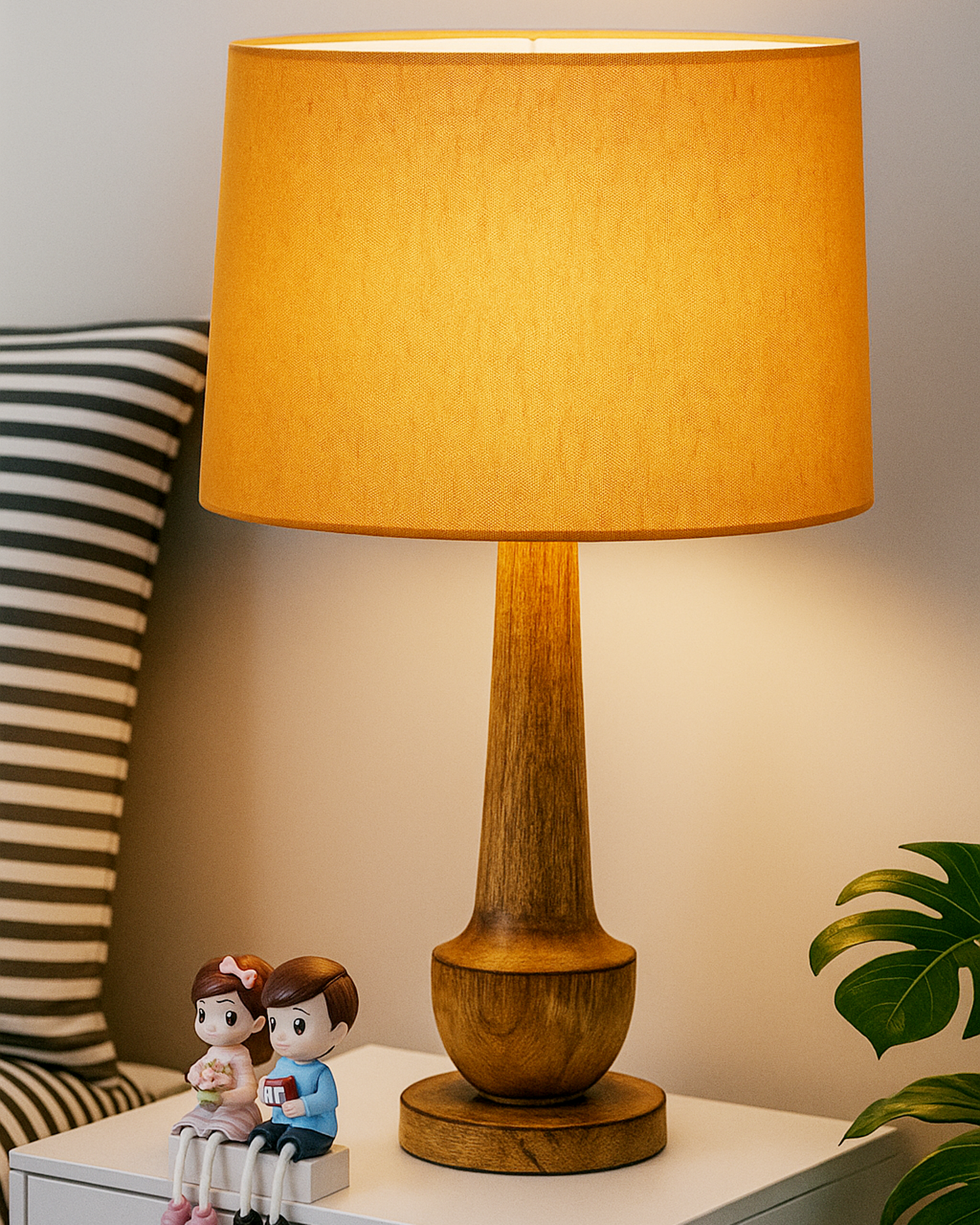 Rustic Turnip Wood Table lamp for home, Bedside farmhouse Living Room Light, Khadi fabric shade