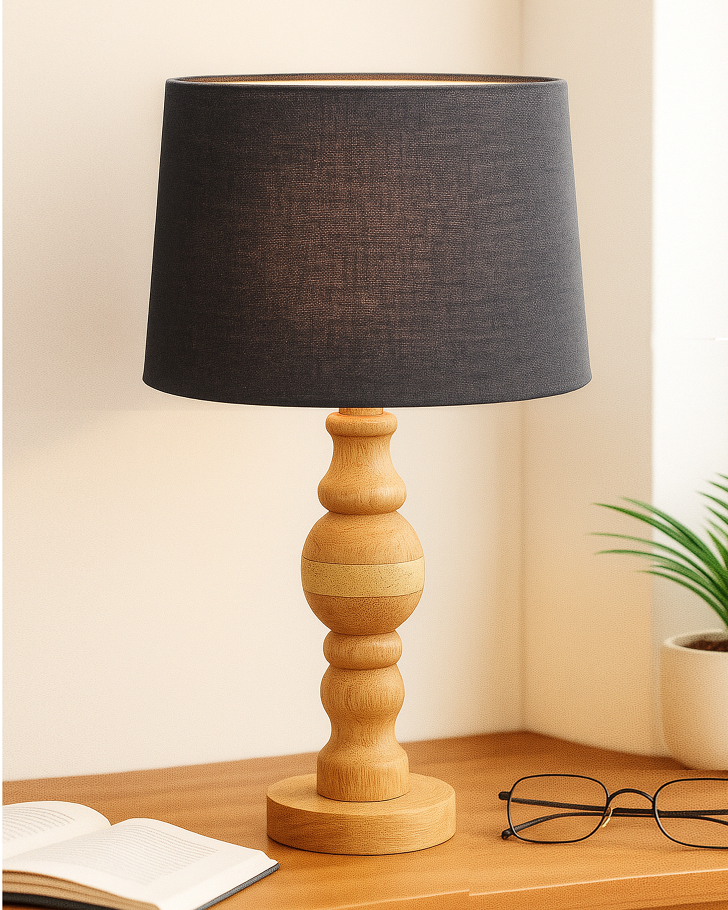 Industrial Wood Bubble Bedside Table Lamp, farmhouse Living Room Light, Khadi Drum Shade