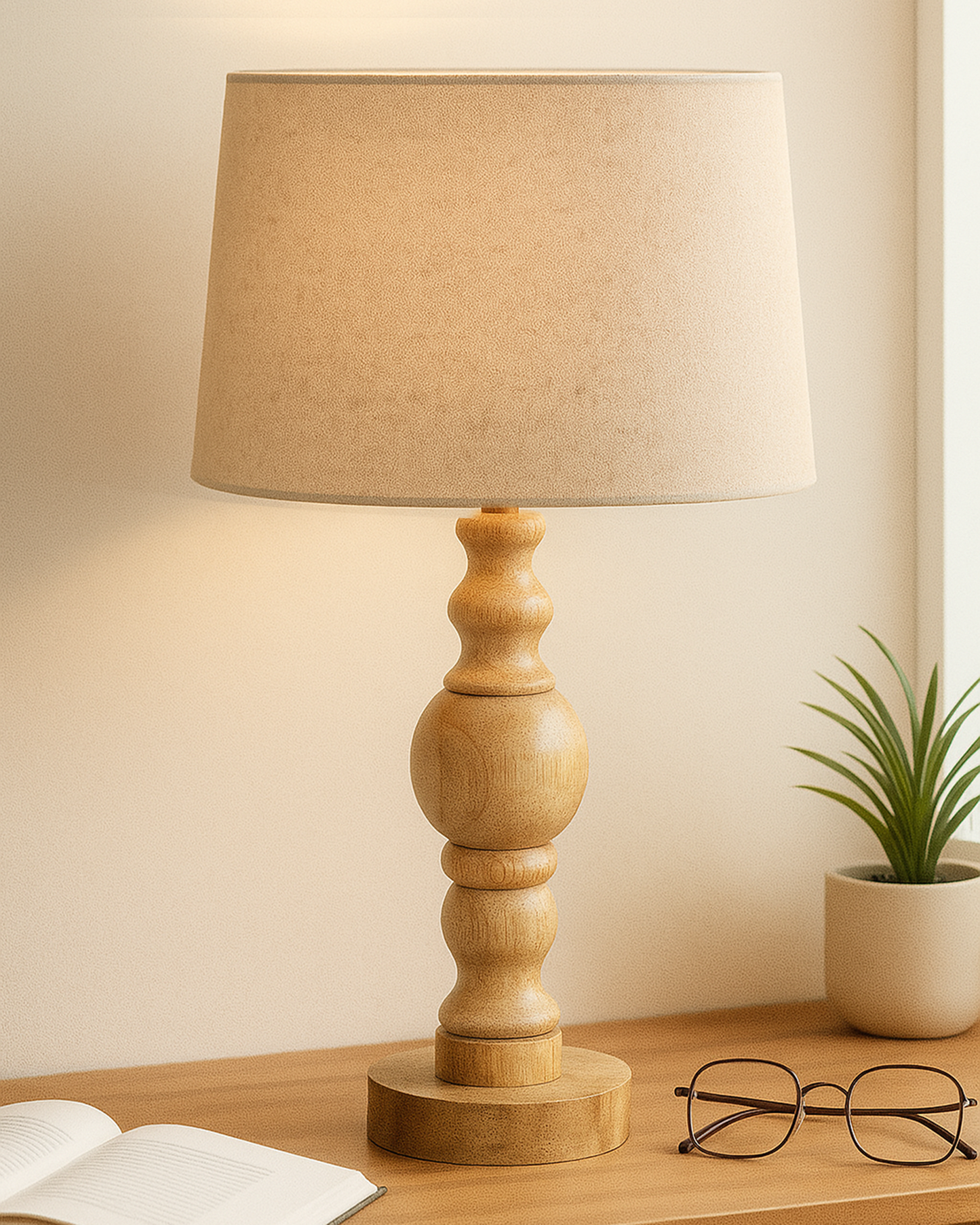 Industrial Wood Bubble Bedside Table Lamp, farmhouse Living Room Light, Khadi Drum Shade
