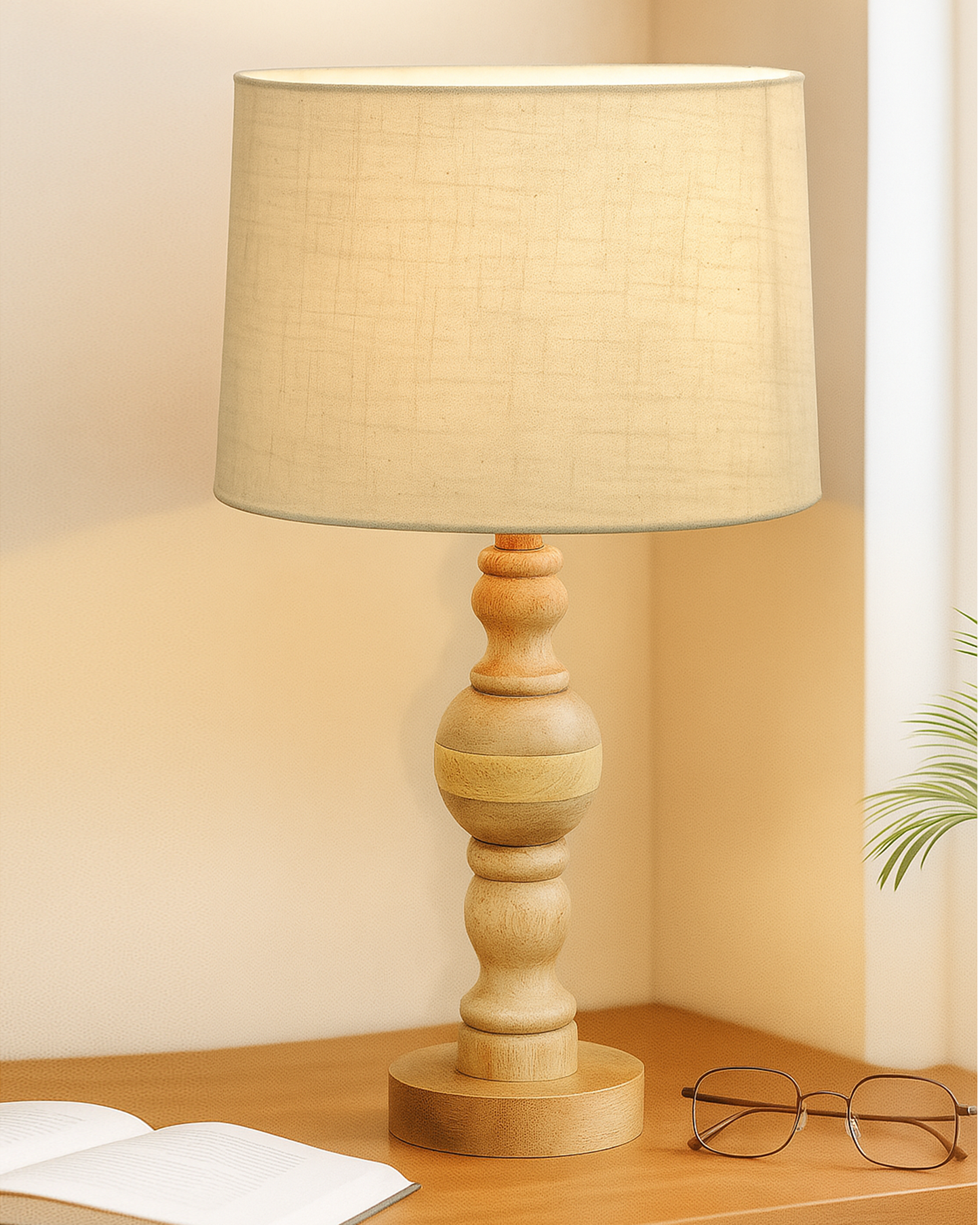 Industrial Wood Bubble Bedside Table Lamp, farmhouse Living Room Light, Khadi Drum Shade