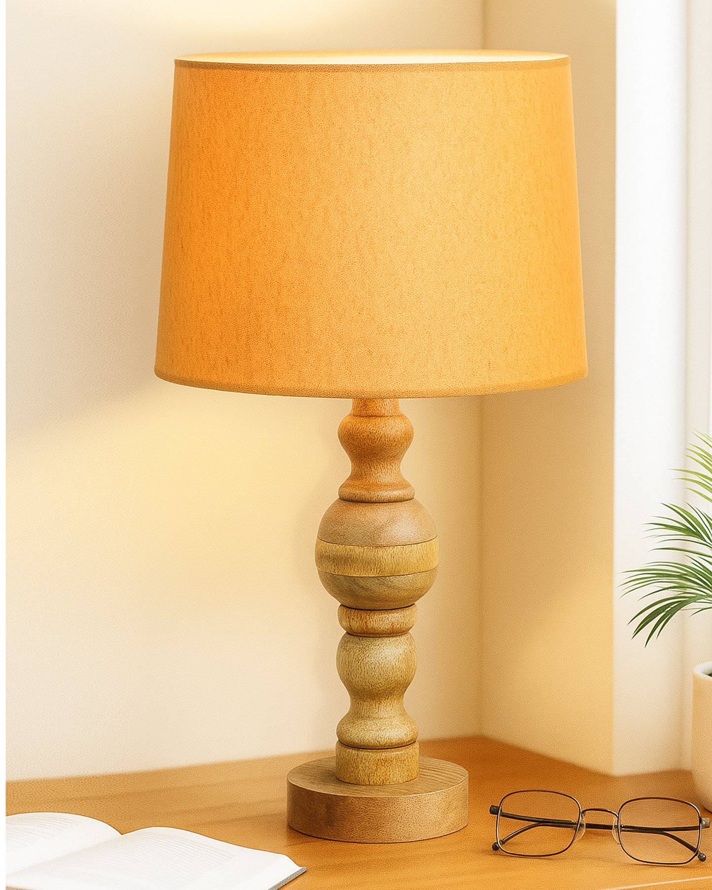 Industrial Wood Bubble Bedside Table Lamp, farmhouse Living Room Light, Khadi Drum Shade