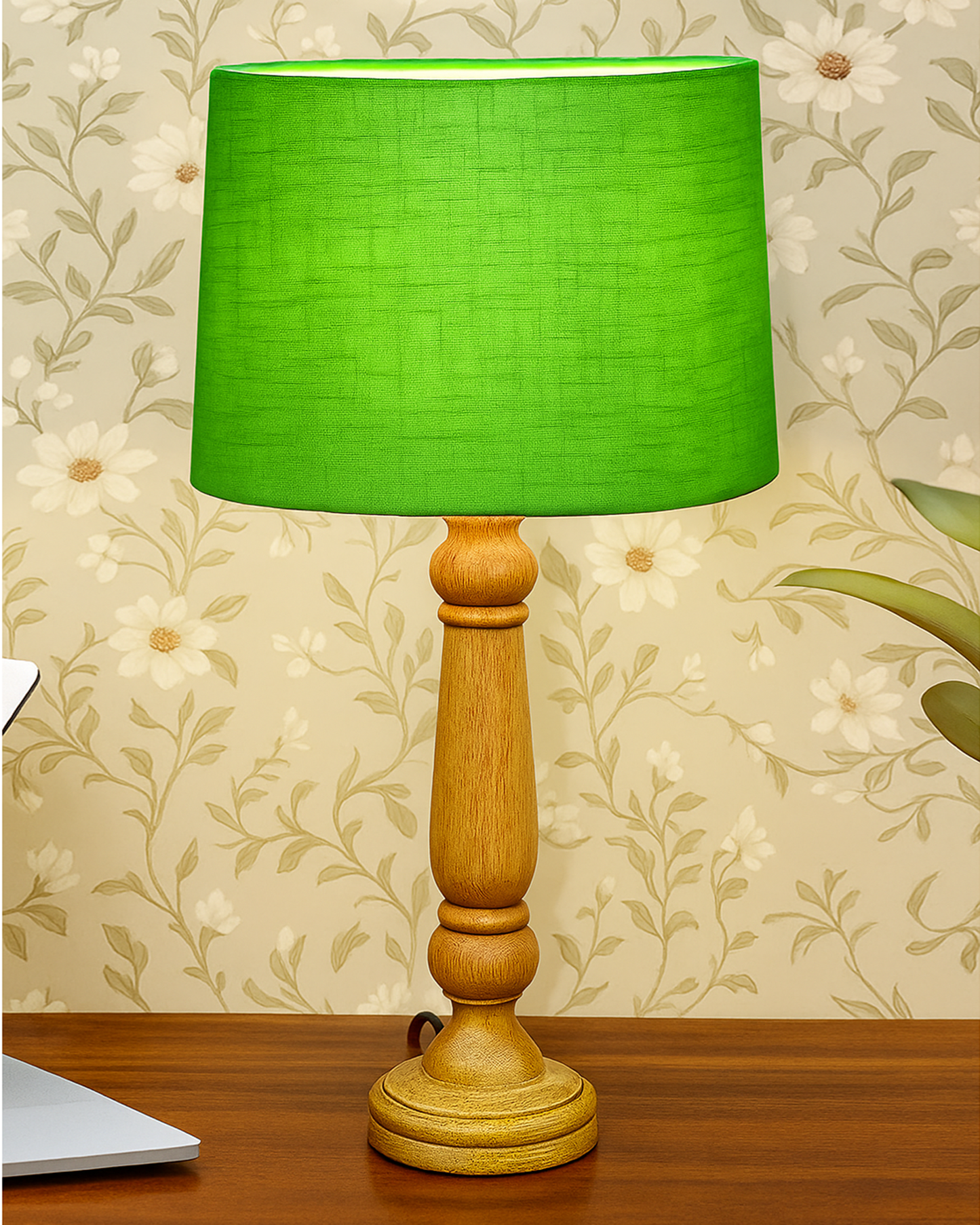 Mable Rustic Wood Table Lamp, Industrial Bedside Living Room Light, Khadi Drum Shade