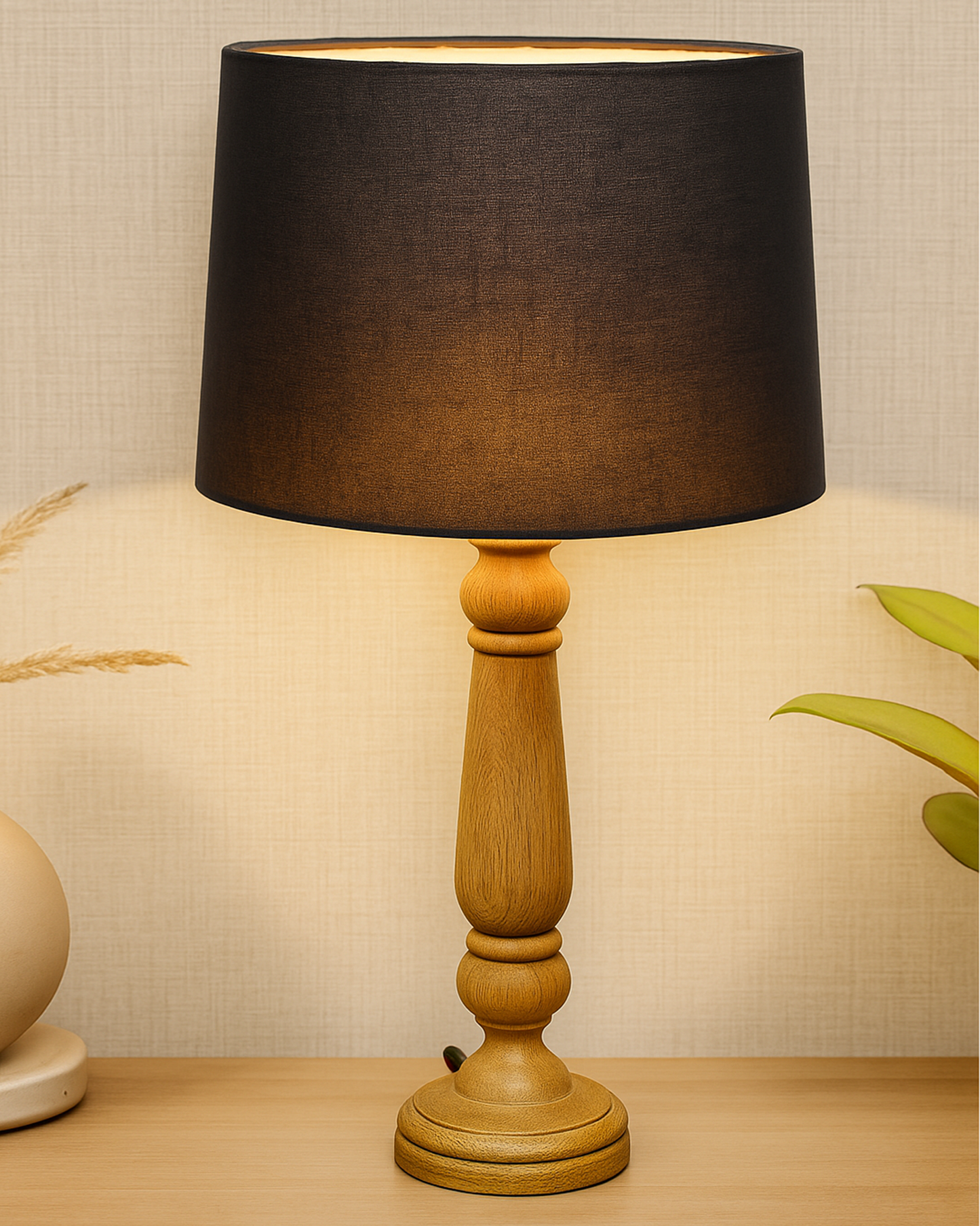Mable Rustic Wood Table Lamp, Industrial Bedside Living Room Light, Khadi Drum Shade