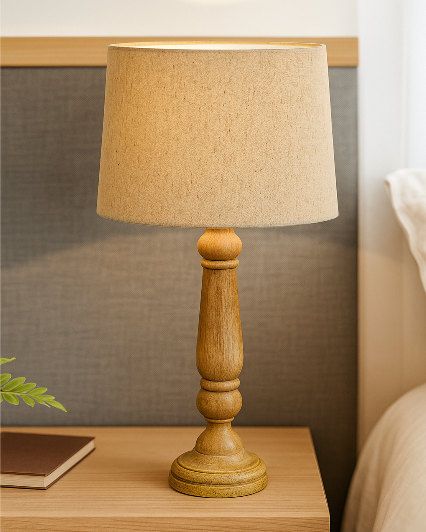 Mable Rustic Wood Table Lamp, Industrial Bedside Living Room Light, Khadi Drum Shade