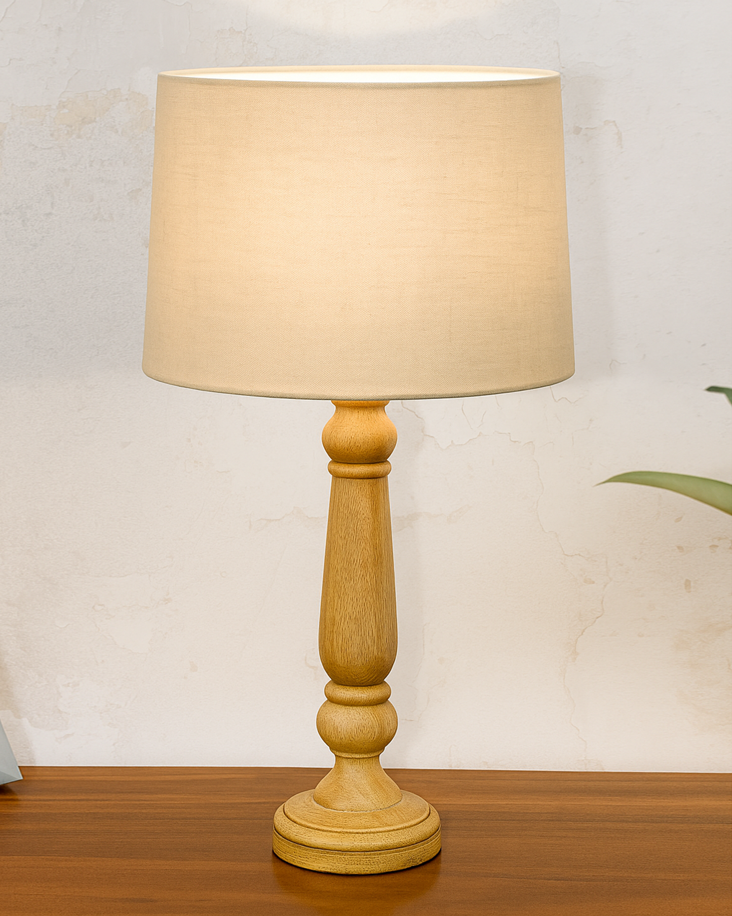 Mable Rustic Wood Table Lamp, Industrial Bedside Living Room Light, Khadi Drum Shade