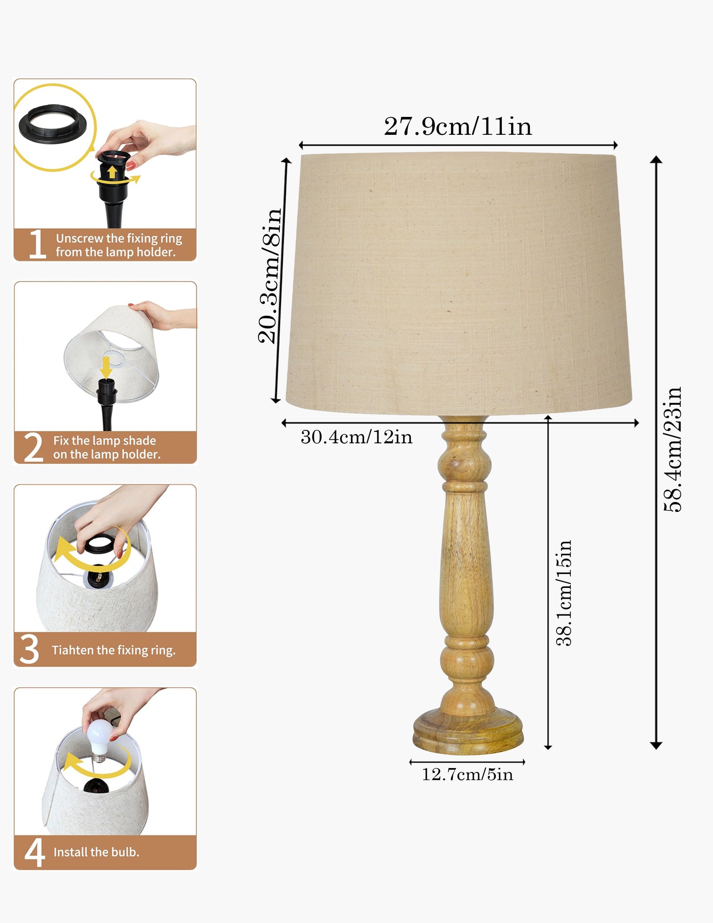 Mable Rustic Wood Table Lamp, Industrial Bedside Living Room Light, Khadi Drum Shade