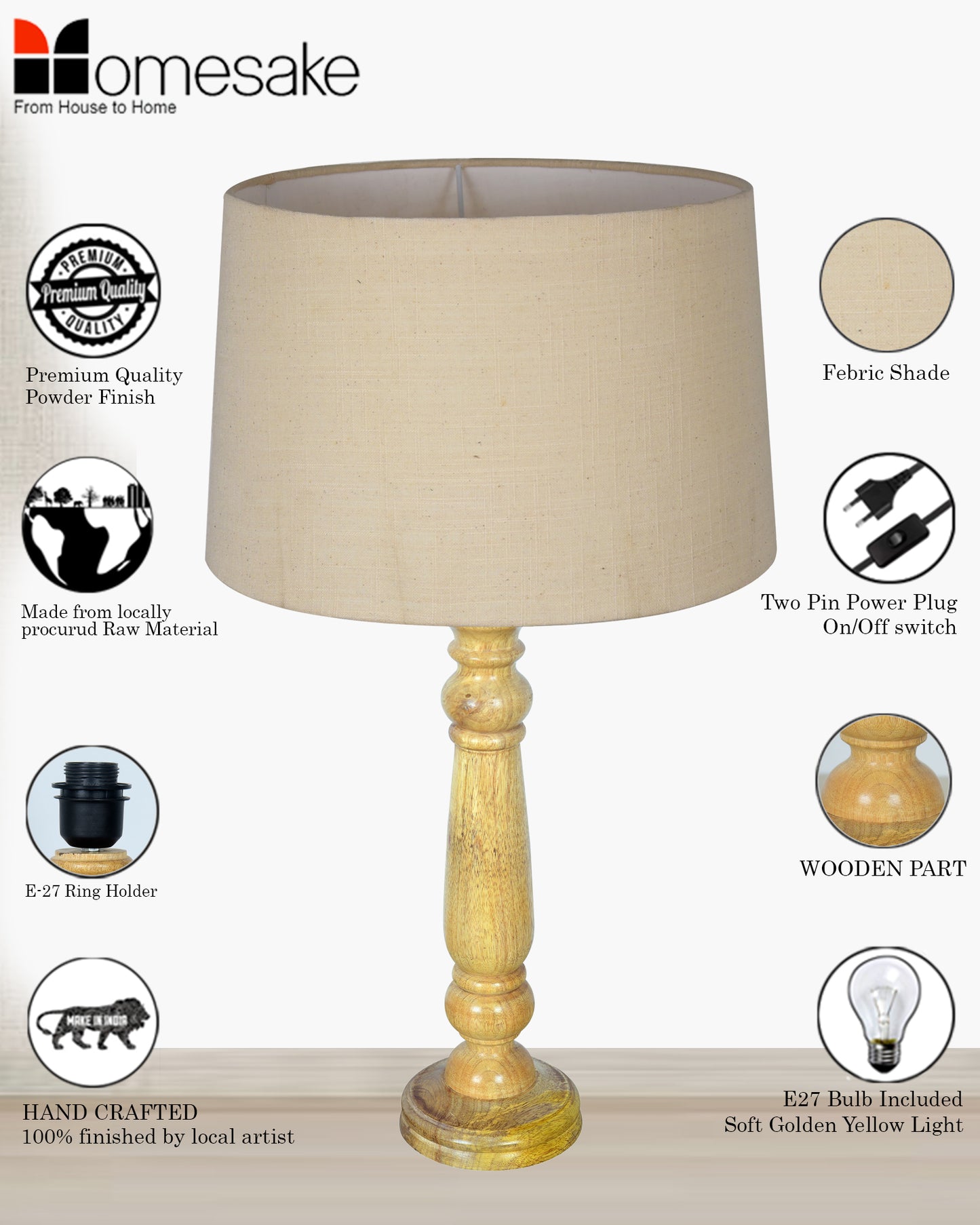 Mable Rustic Wood Table Lamp, Industrial Bedside Living Room Light, Khadi Drum Shade