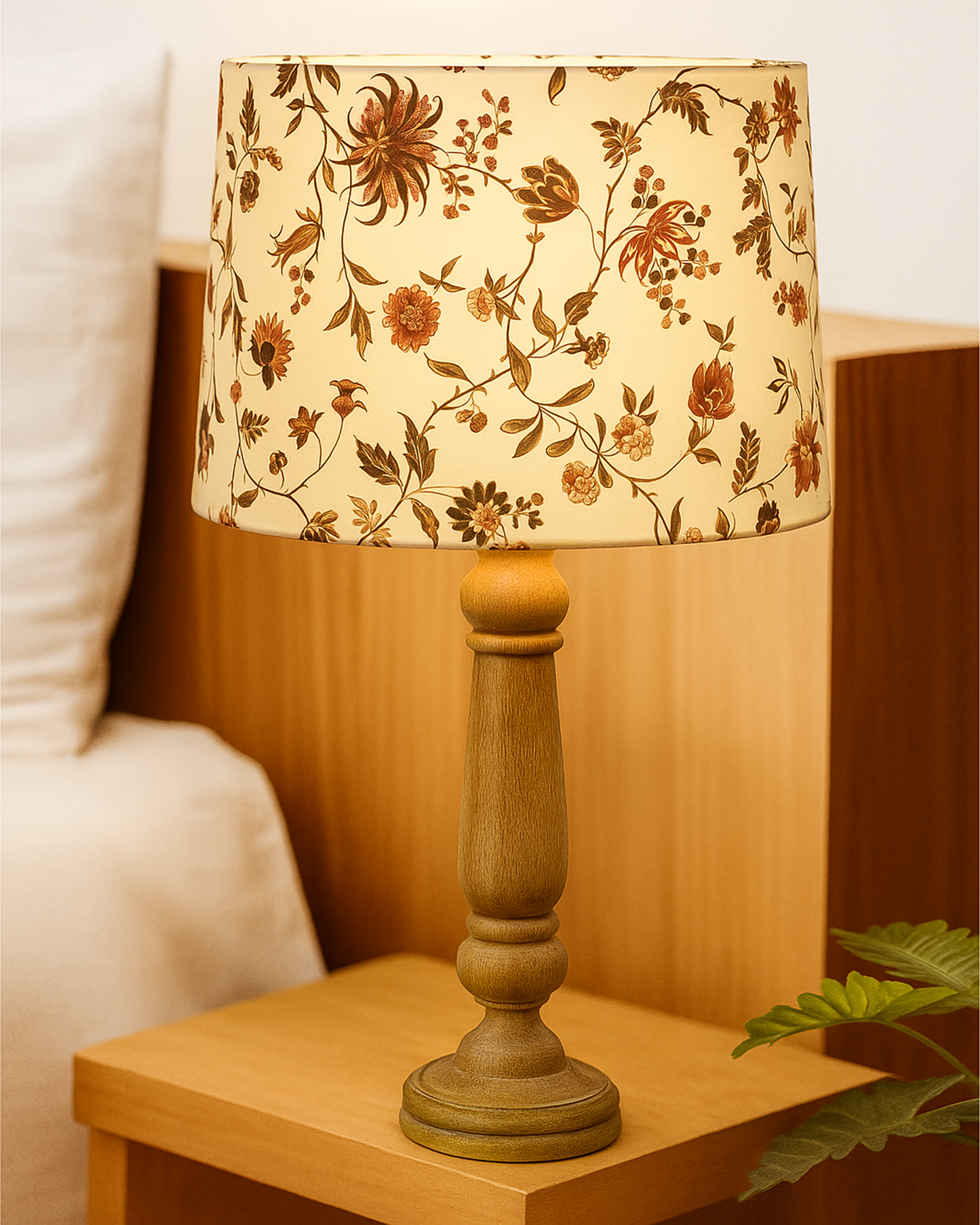 Mable Rustic Wood Table Lamp, Industrial Bedside Living Room Light, Khadi Drum Shade