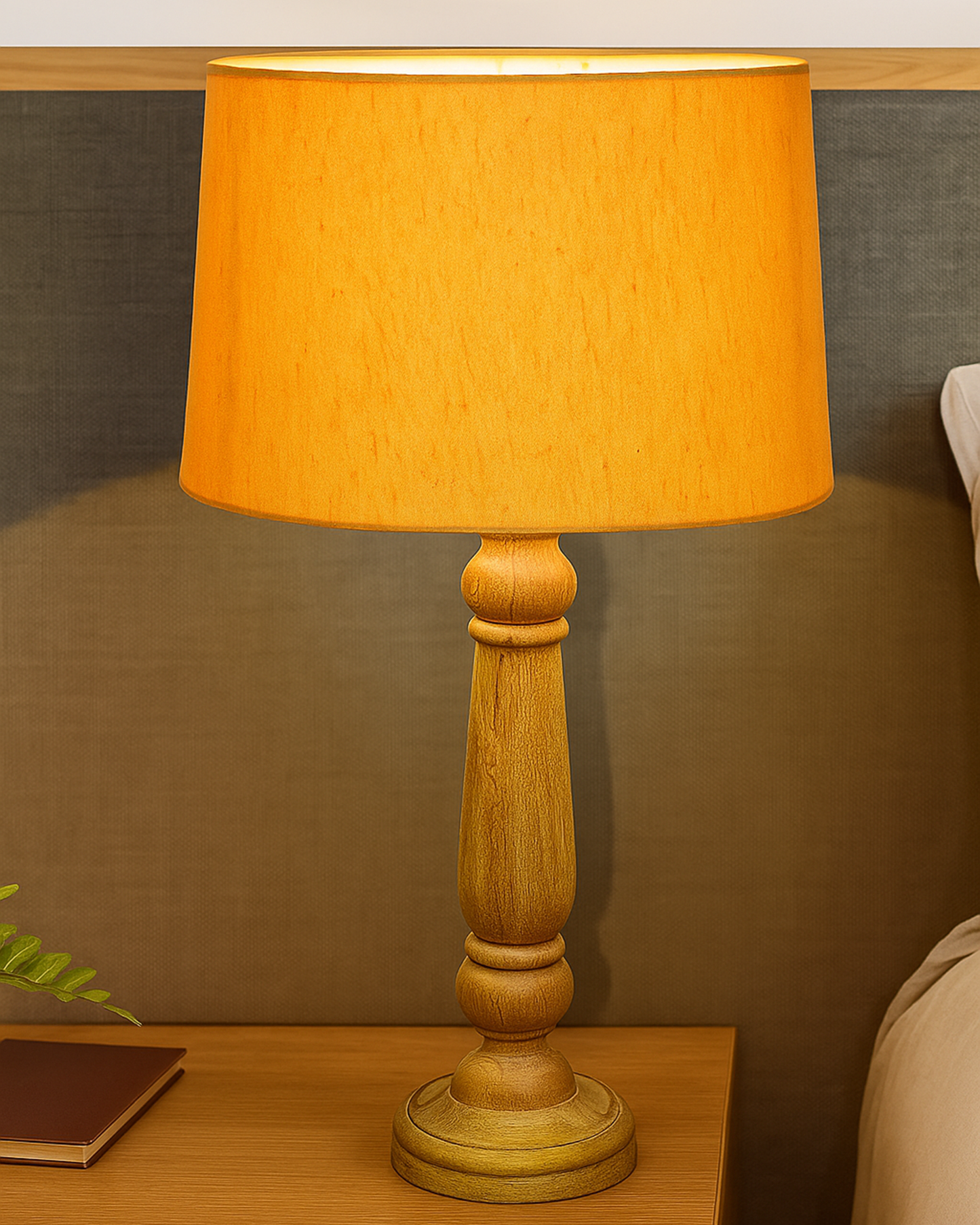 Mable Rustic Wood Table Lamp, Industrial Bedside Living Room Light, Khadi Drum Shade