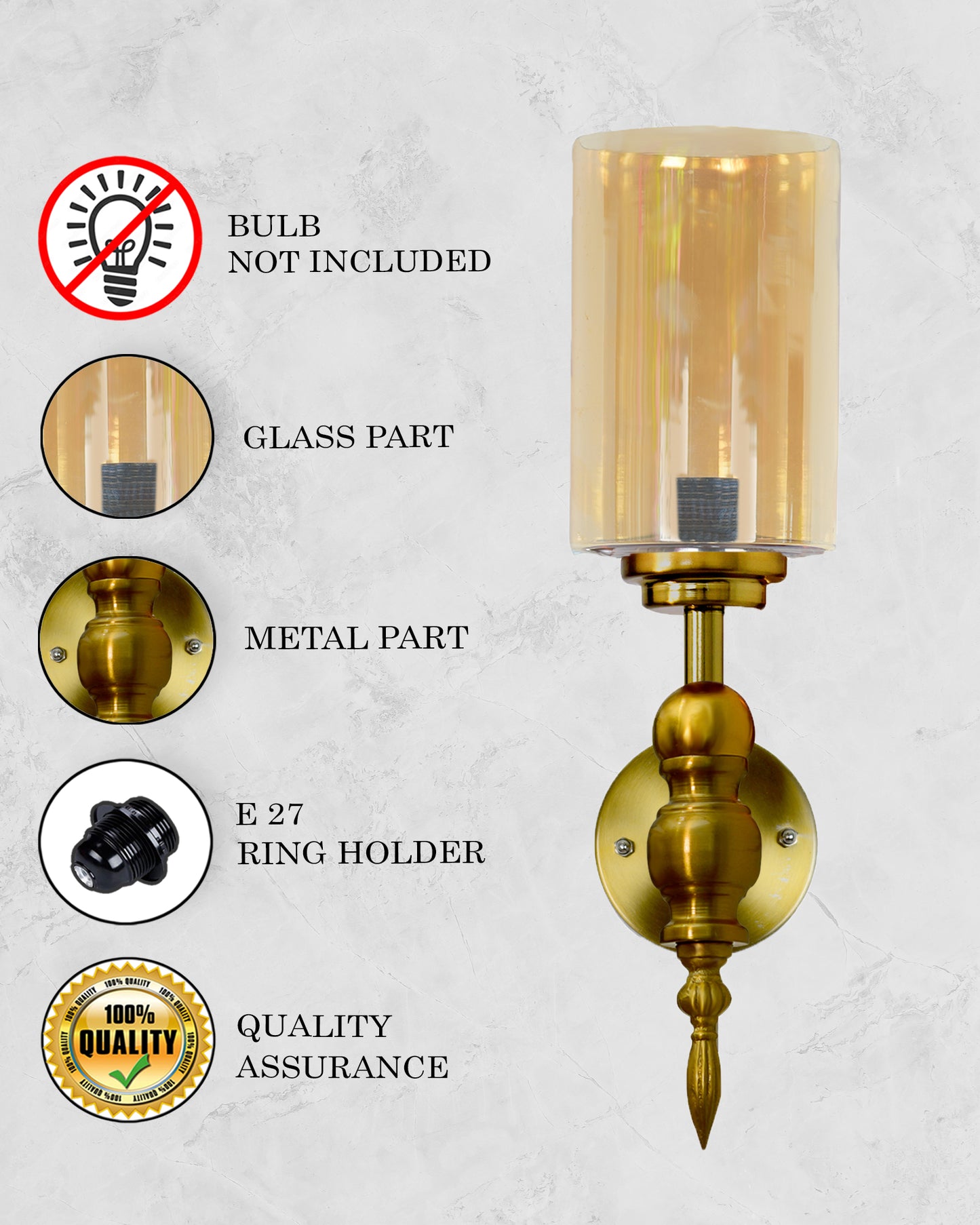 Mid-Century Modern Metal and Glass Wall Light, Brushed Gold, Lamp Fixture for Bedroom Vanity Bathroom Hotel,  Spherical Torch, Bubble Glass