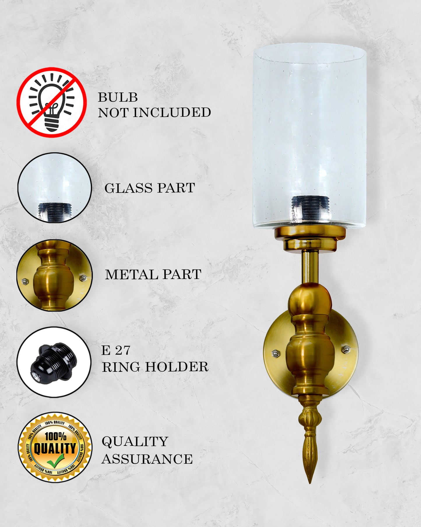 Mid-Century Modern Metal and Glass Wall Light, Brushed Gold, Lamp Fixture for Bedroom Vanity Bathroom Hotel,  Spherical Torch, Bubble Glass