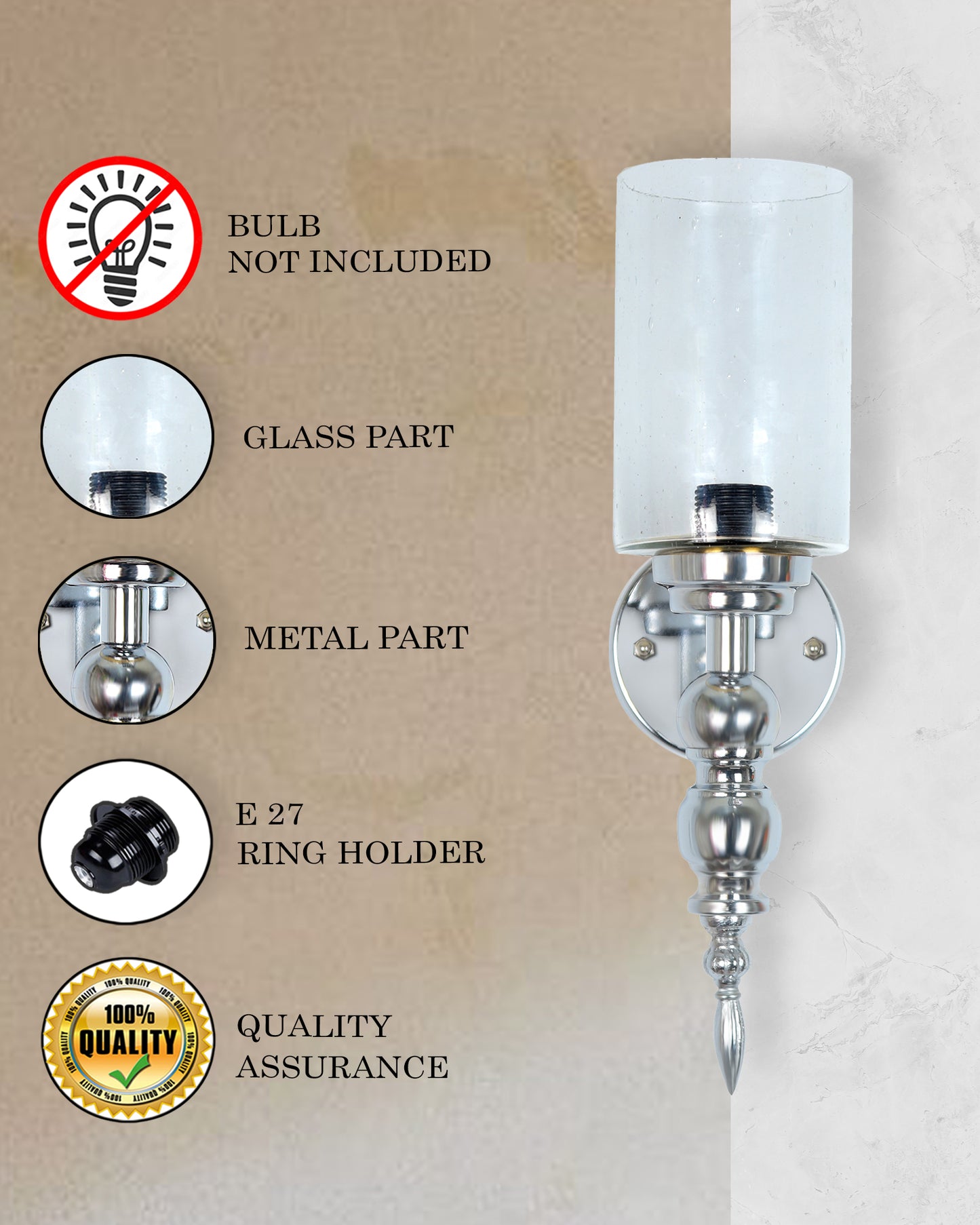 Mid-Century Modern Metal and Glass Wall Light, Brushed Gold, Lamp Fixture for Bedroom Vanity Bathroom Hotel,  Spherical Torch, Bubble Glass