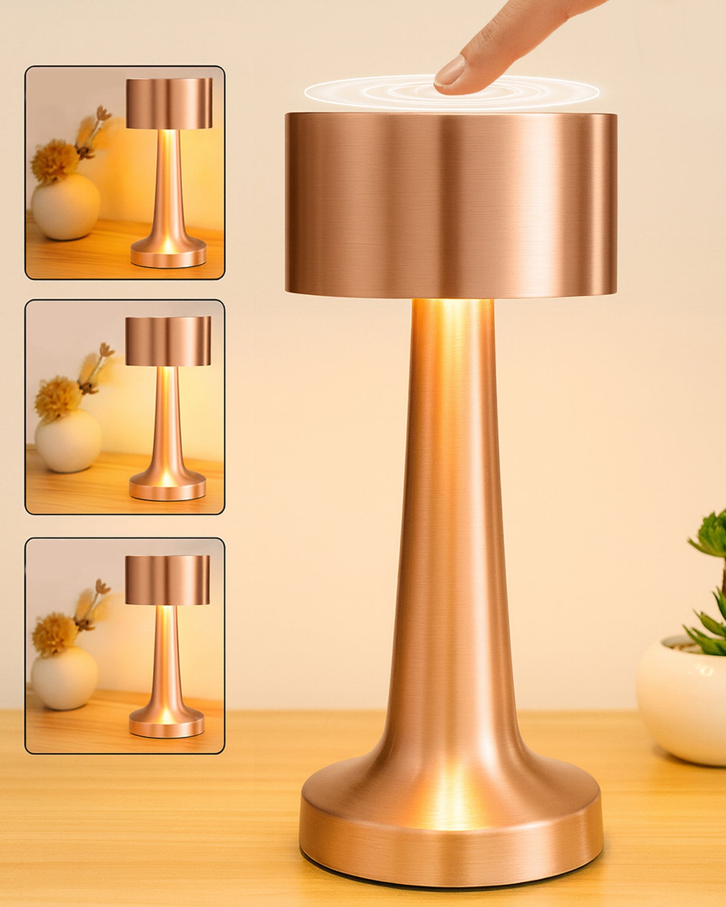 Table Lamp Portable Lamps for Bedroom, Night Lamp, Table Lamp for Bedroom & Living Room, Bedside Lamp, Dimming, 3 Colour Touch Control, Wireless Charging, Metal Dumbbell, Gold