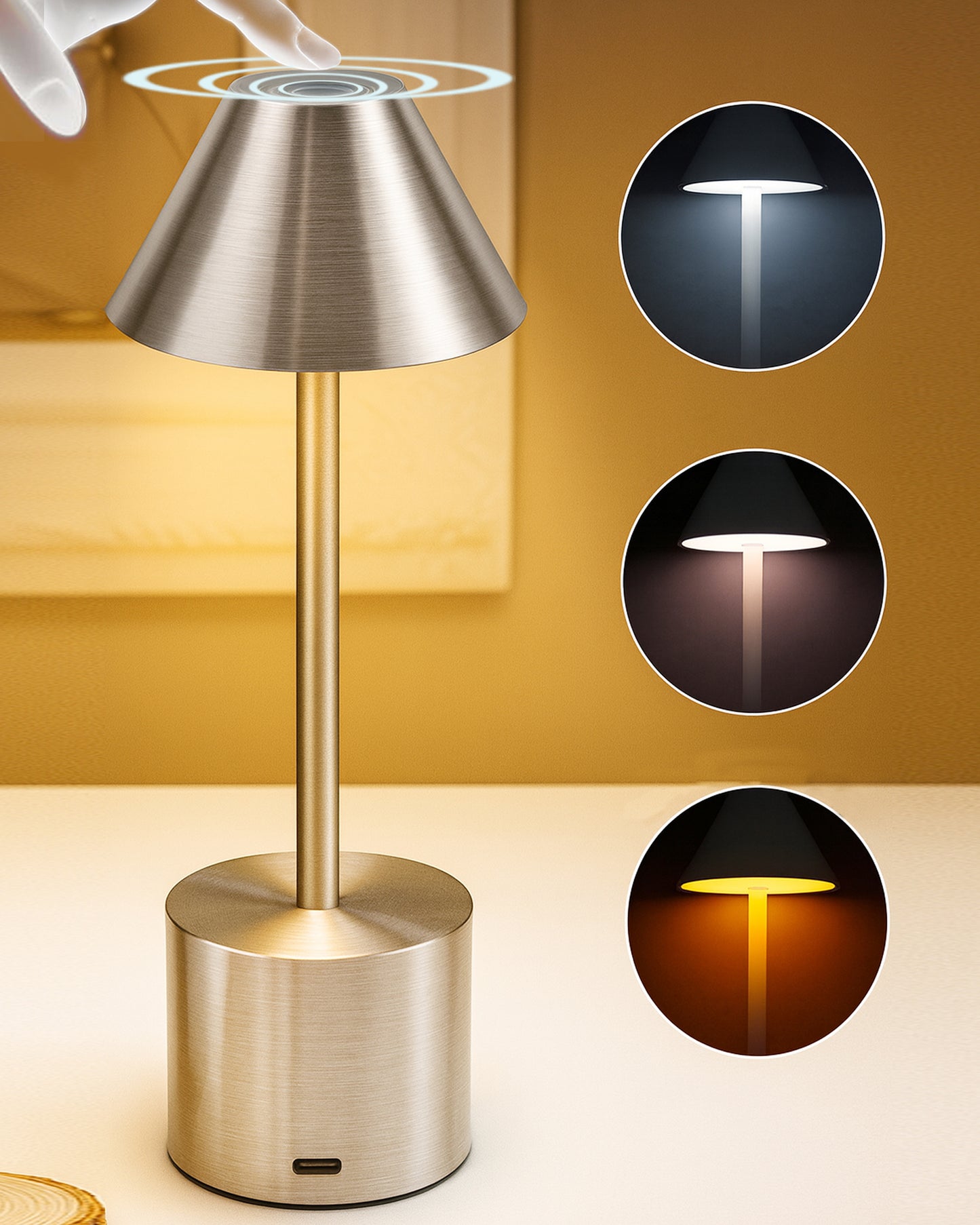 Table Lamp Portable Lamps for Bedroom, Night Lamp, Table Lamp for Bedroom & Living Room, Bedside Lamp, Dimming, 3 Colour Touch Control, Wireless Charging, Metal Cone, Gold