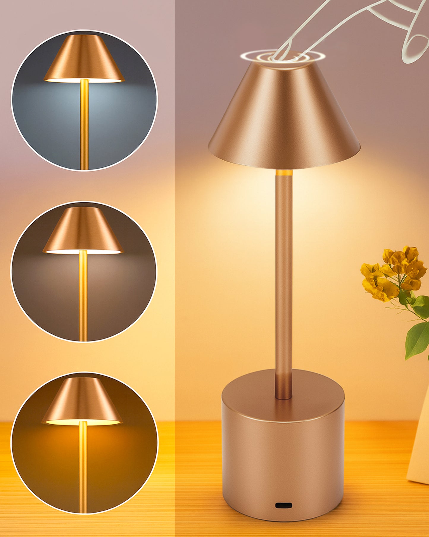 Table Lamp Portable Lamps for Bedroom, Night Lamp, Table Lamp for Bedroom & Living Room, Bedside Lamp, Dimming, 3 Colour Touch Control, Wireless Charging, Metal Cone, Gold