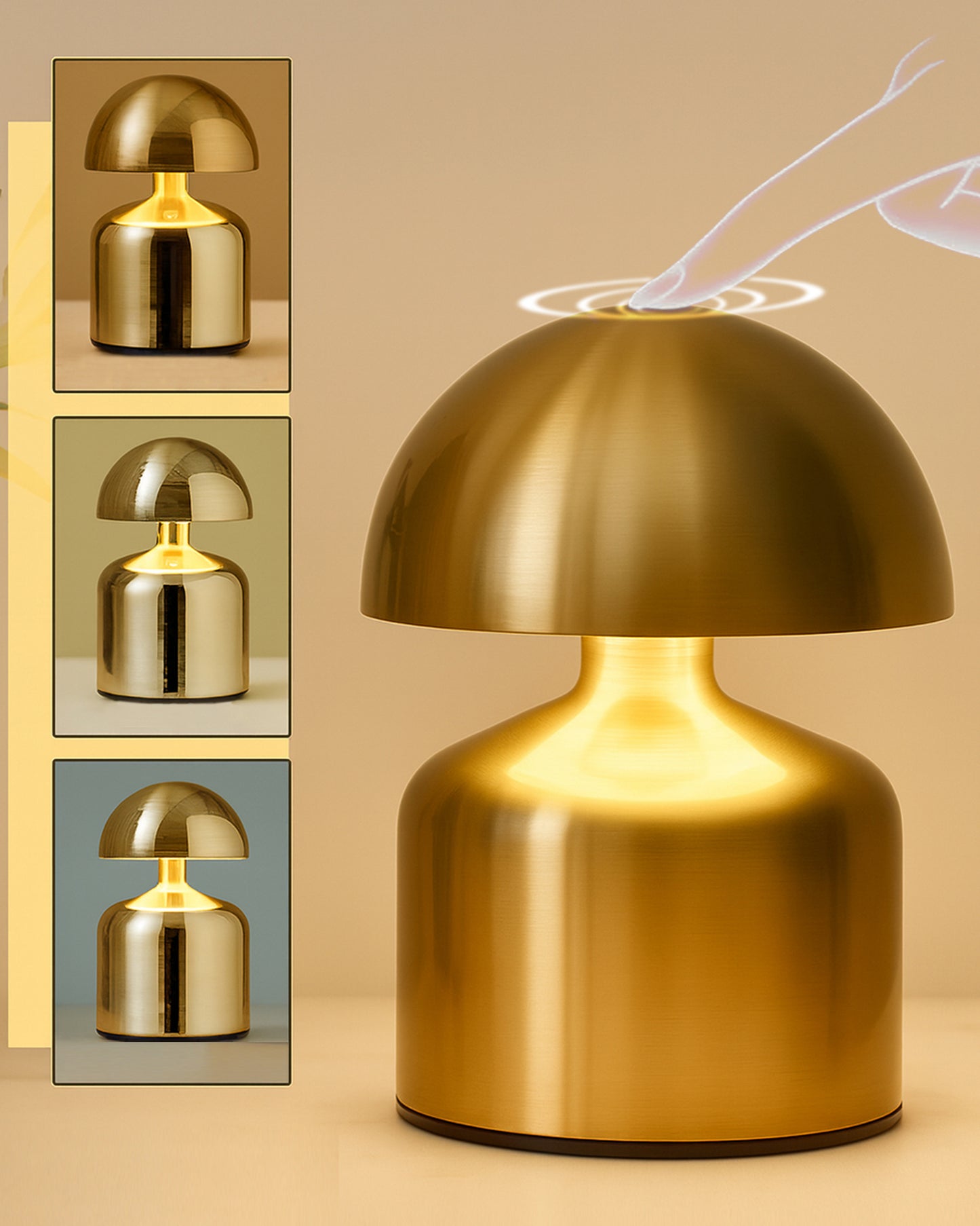 Table Lamp Portable Lamps for Bedroom, Night Lamp, Table Lamp for Bedroom & Living Room, Bedside Lamp, Dimming, 3 Colour Touch Control, Wireless Charging, Metal Mushroom, Gold
