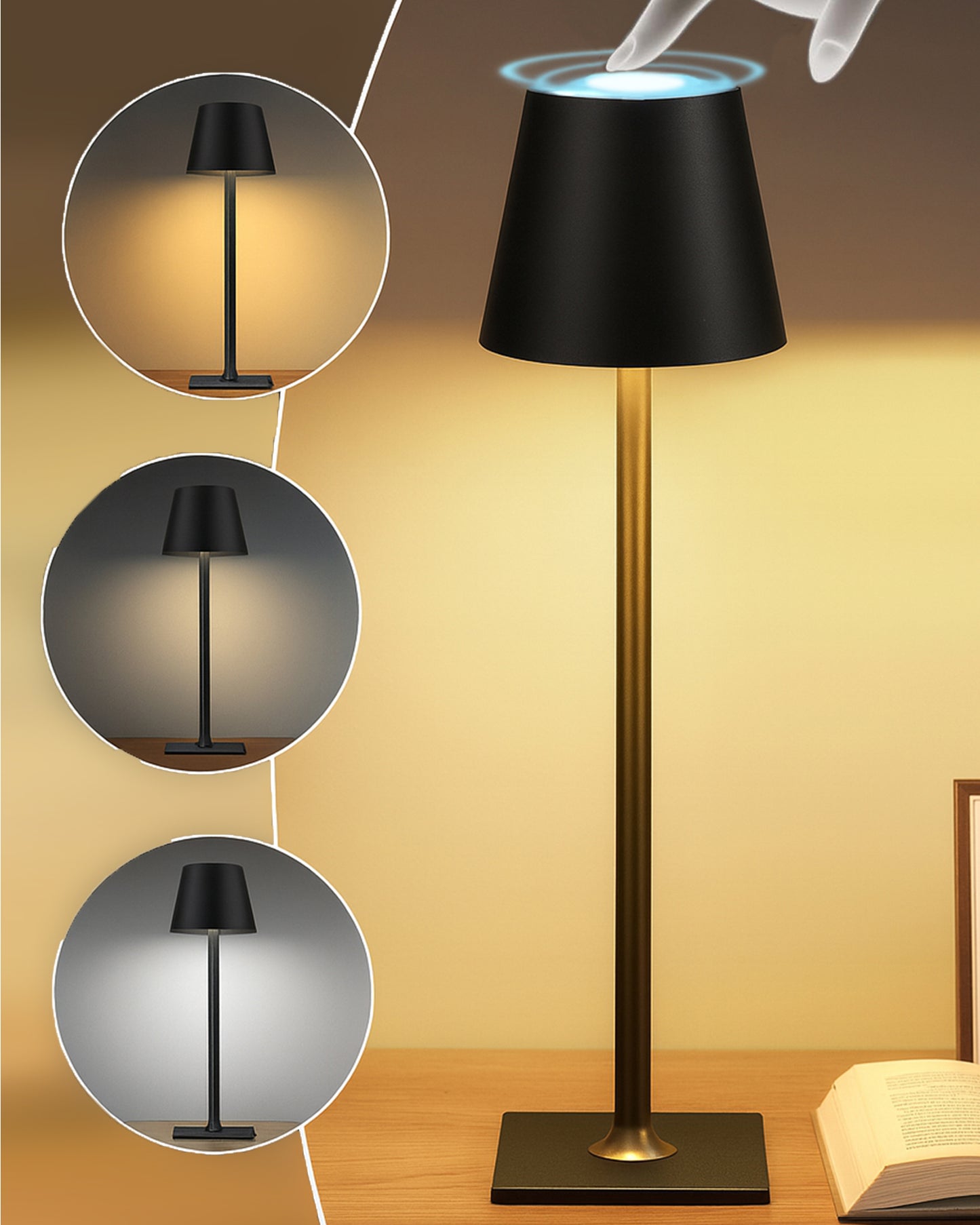 Rechargeable Table Lamps,Cordless Lamp Wireless Charging, Portable Indoor/Outdoor Table Lamp for Patio Restaurant Home Dinner Dining Kitchen,Waterproof & Wireless, Black Frustum