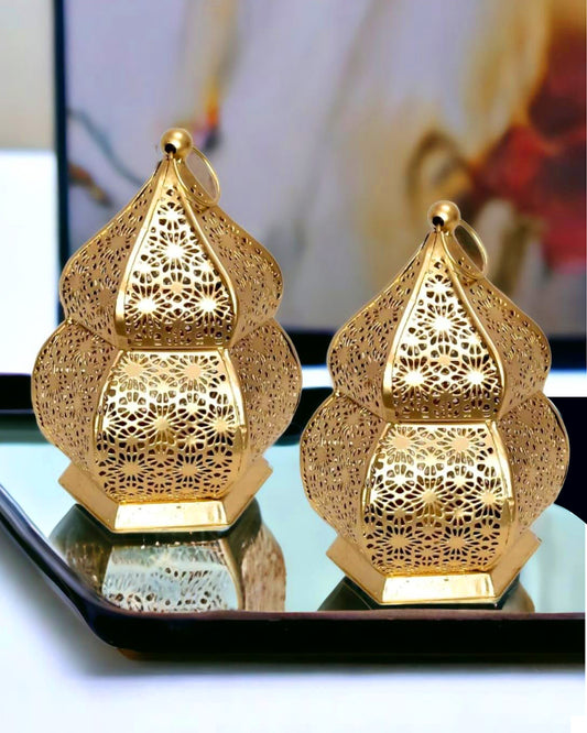 Lanterns Small Metal Moroccan Lanterns Decorative Candle Tealight Holders for Centerpieces, Home Decor, Diwali, Weddings, set of 2, Golden Samarkand