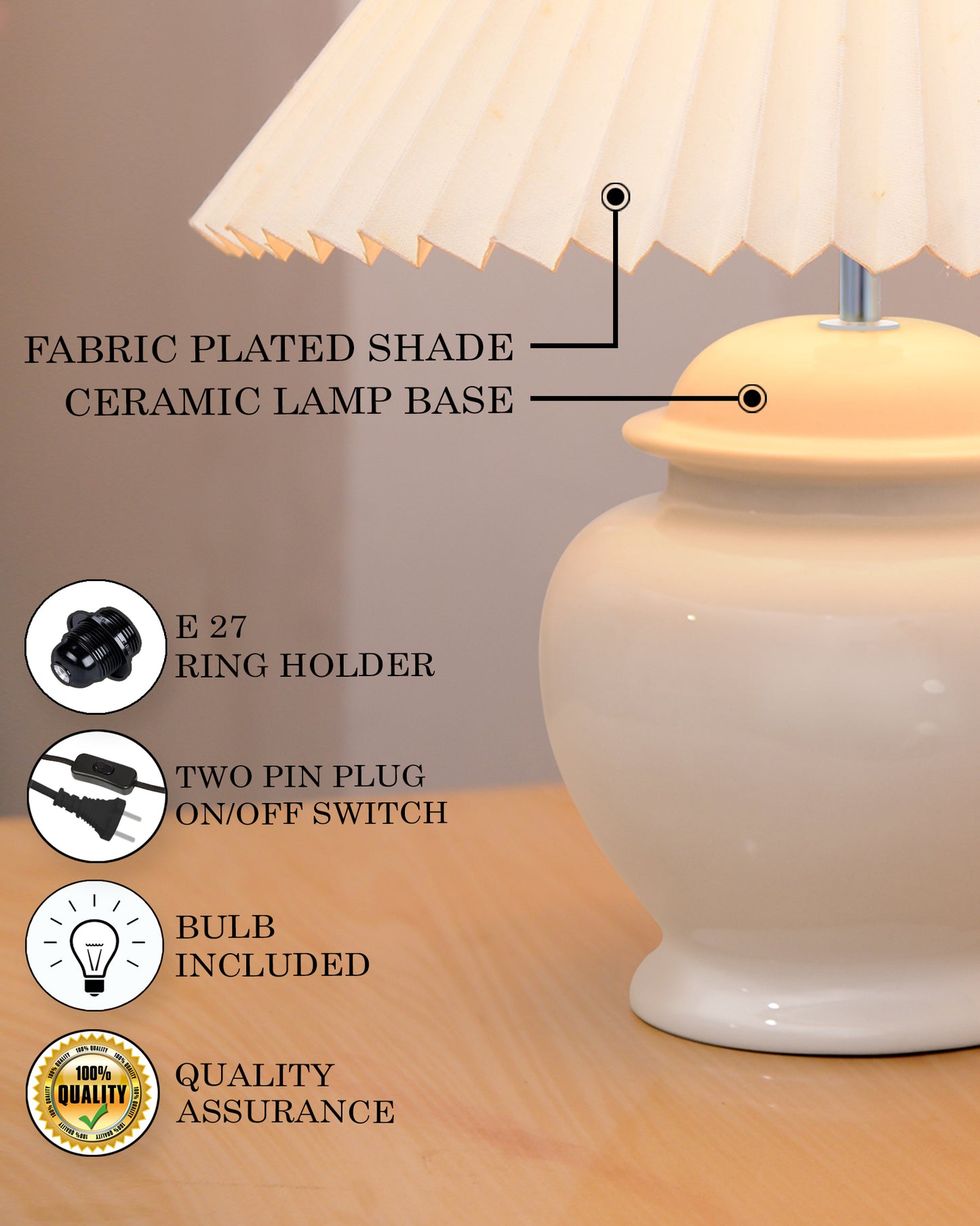 Ceramic Table Lamp for Bedroom Living Room ,Modern Pleated Lampshade Bedside Light , Nightstand Lamp for Home Office, Minimalist Nordic Style Accent Lighting Décor, White Pleated Shade