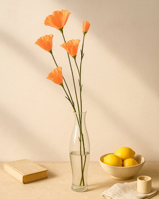 Homesake® Artificial Poppy Flower Stem, Set of 2 ,Real Touch Faux Floral Stems for Home & Table Decor, Living Room, Coral Orange