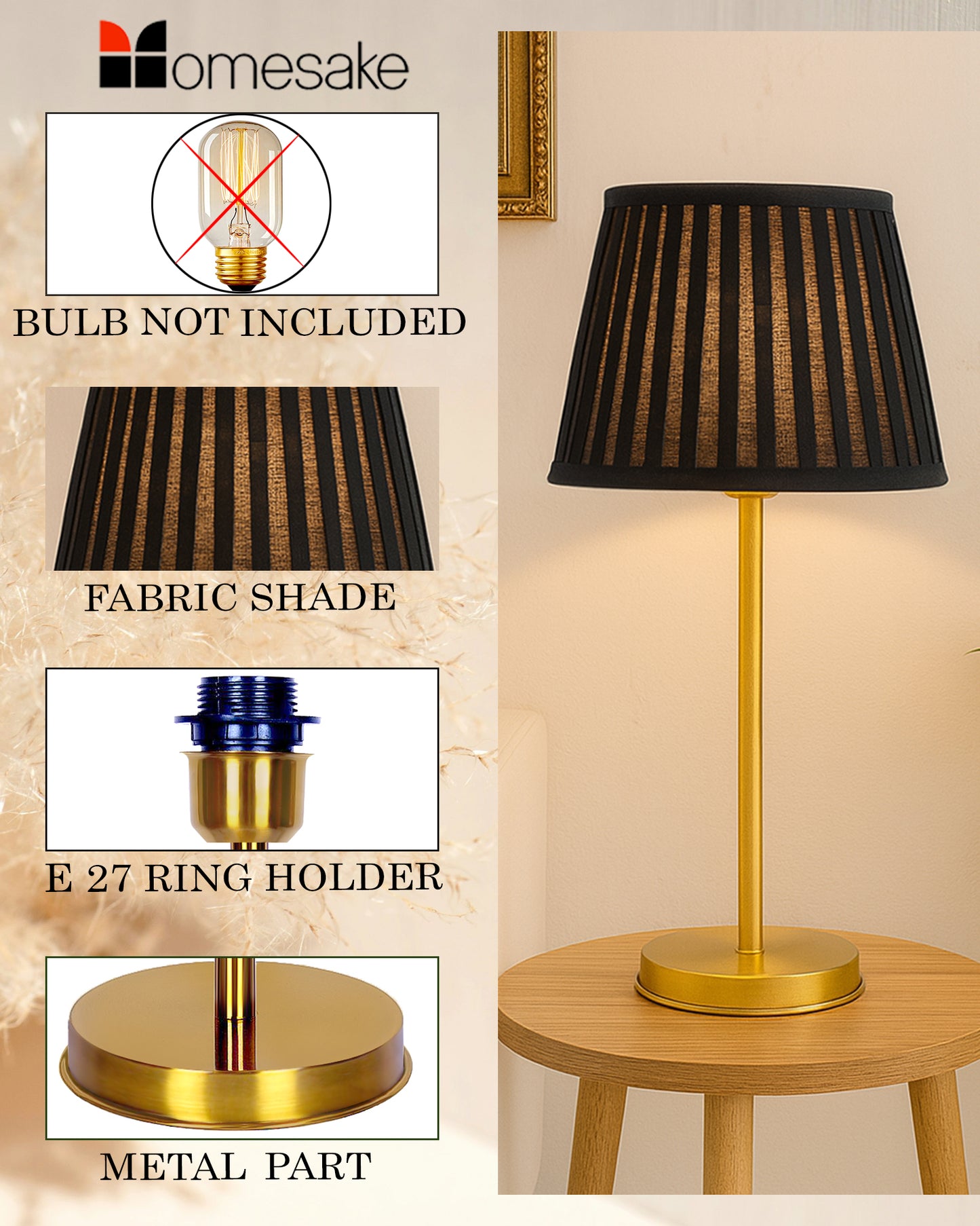 Gold Table Lamp for Living Room & Bedroom | Modern Metal Bedside Lamp | Elegant Nightstand Light for Home Décor | Stylish Study & Office Desk Lamp, Black Frill Drum