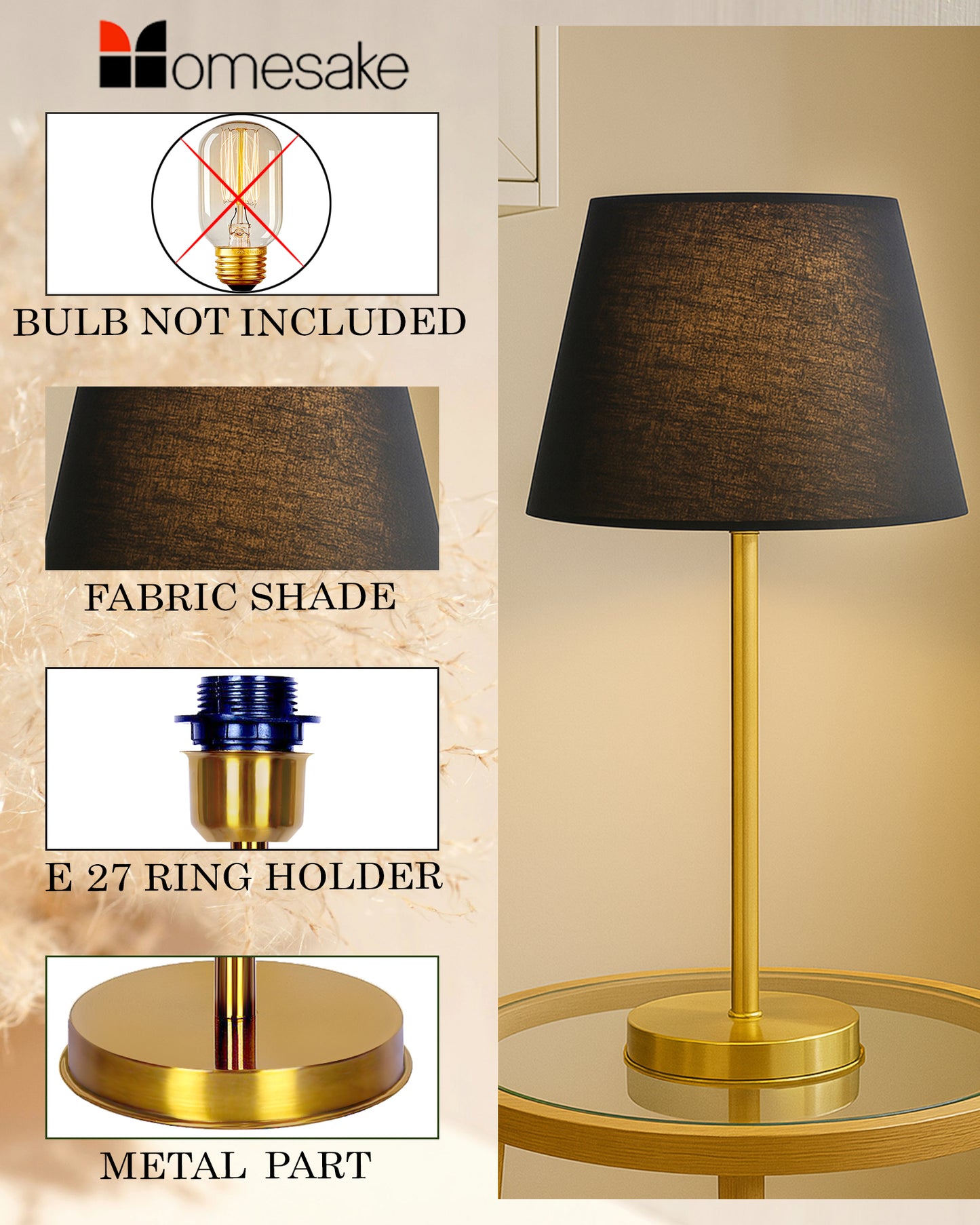 Gold Table Lamp for Living Room & Bedroom | Modern Metal Bedside Lamp | Elegant Nightstand Light for Home Décor | Stylish Study & Office Desk Lamp, Black Taper Drum