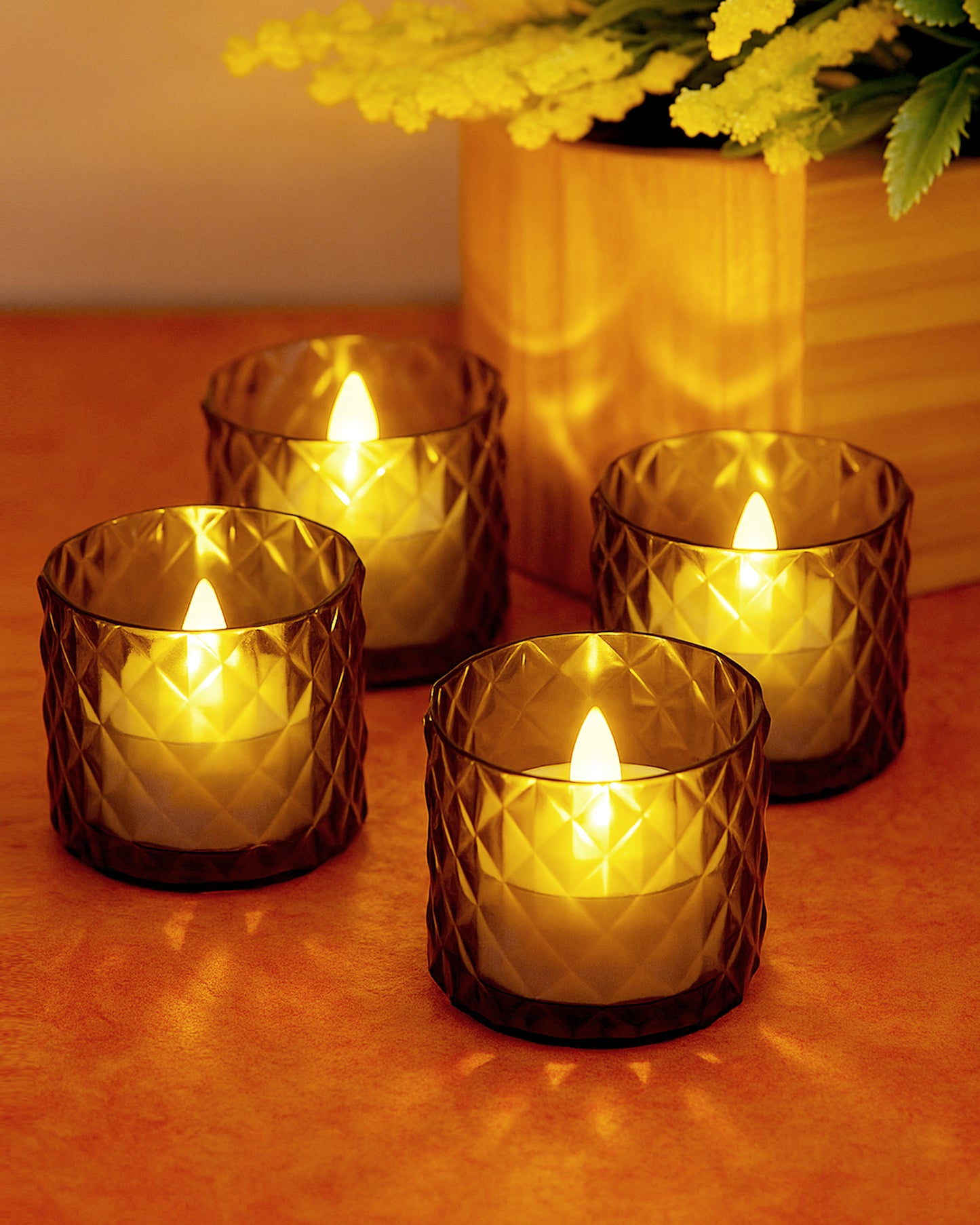 Acrylic Tealight Candle Holder – Diamond Cut Votive for Home Decoration, Diwali, Wedding & Festive Lighting – Decorative Table Centerpiece, Amber, set of 2