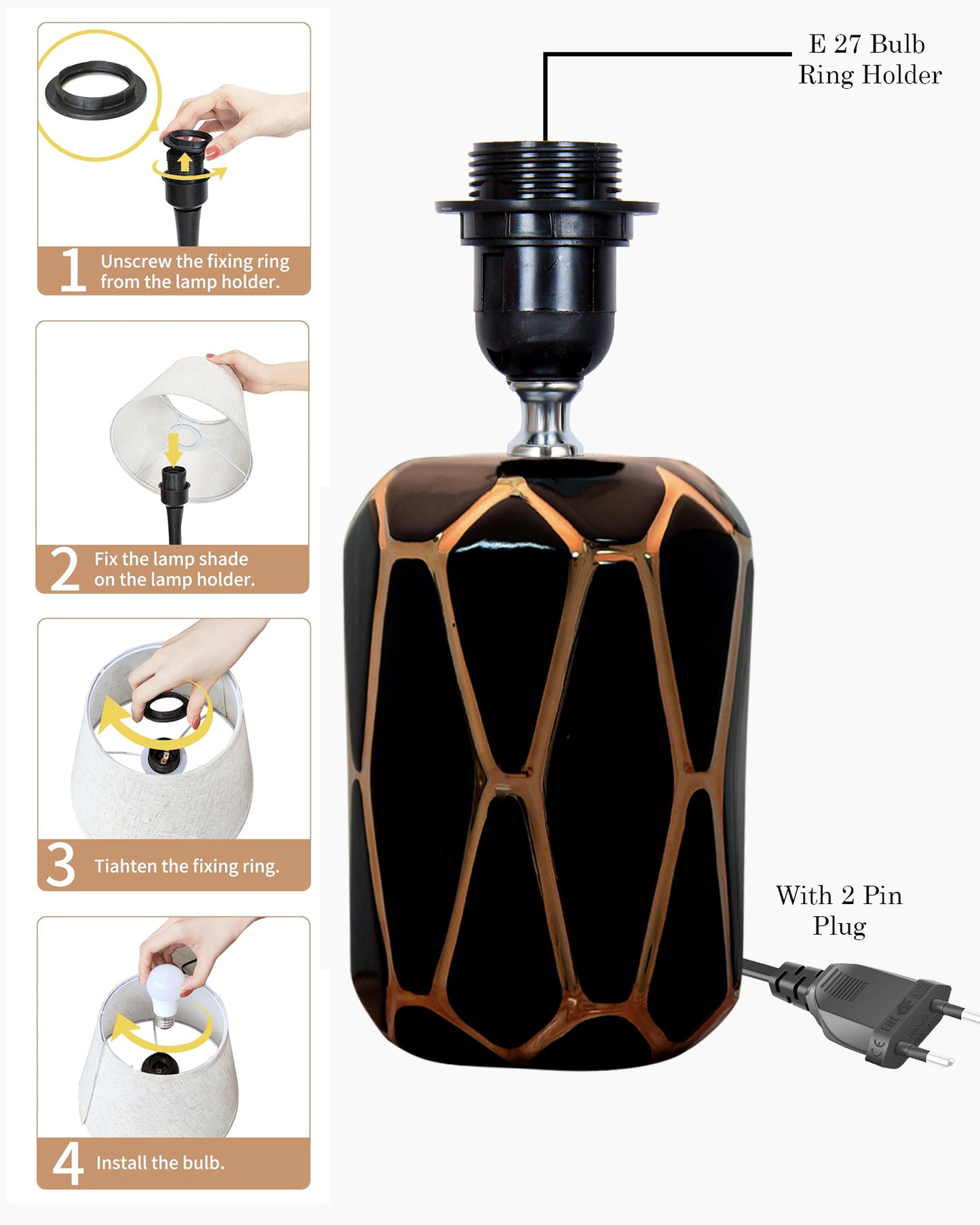Modern Ceramic Base Bedside Table Lamp, Table Lamps for Home Decoration and Bedroom Decor with On/Off Button, Night Lamp with Cotton Fabric Shade, Black Gold Hive, Khadi