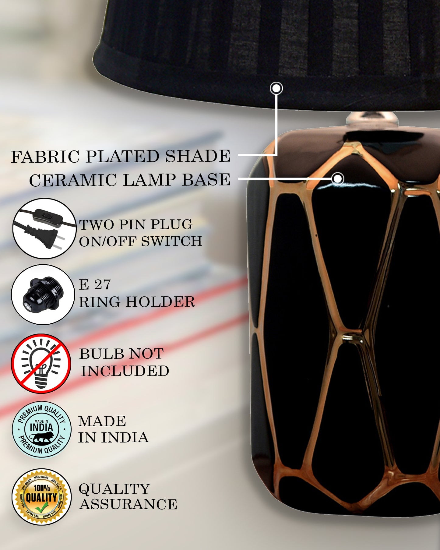 Modern Ceramic Base Bedside Table Lamp, Table Lamps for Home Decoration and Bedroom Decor with On/Off Button, Night Lamp with Cotton Fabric Shade, Black Gold Hive, Khadi